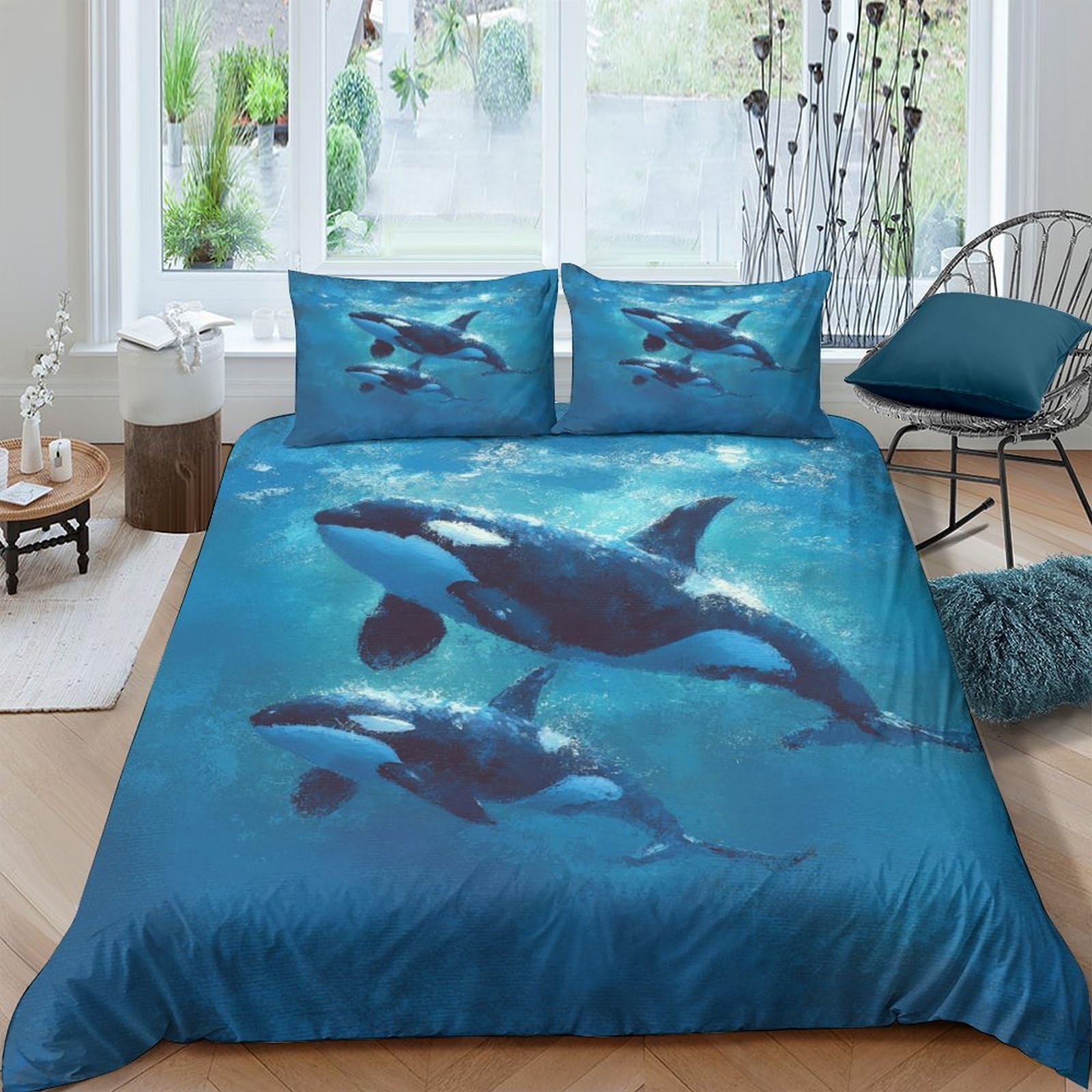 Ctjqhvkz Style-7 3D Printed Ocean Orca Fitted Sheet Microfiber Soft Blue Whale Mattress Cover Non Slip Bedroom Dorm Decor Single（135X200cm）