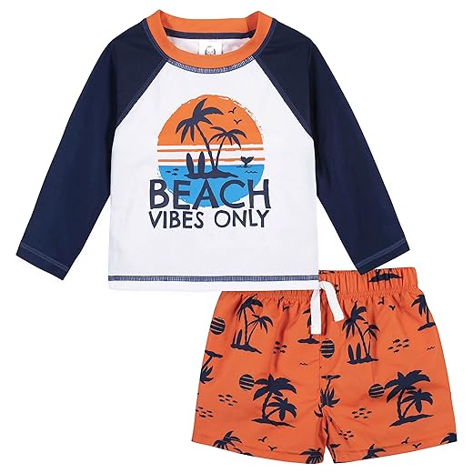 Gerber Boys' Toddler Long Sleeved Rashguard Swim Bathing Suit Set, Blue Beach, 6-9 Months