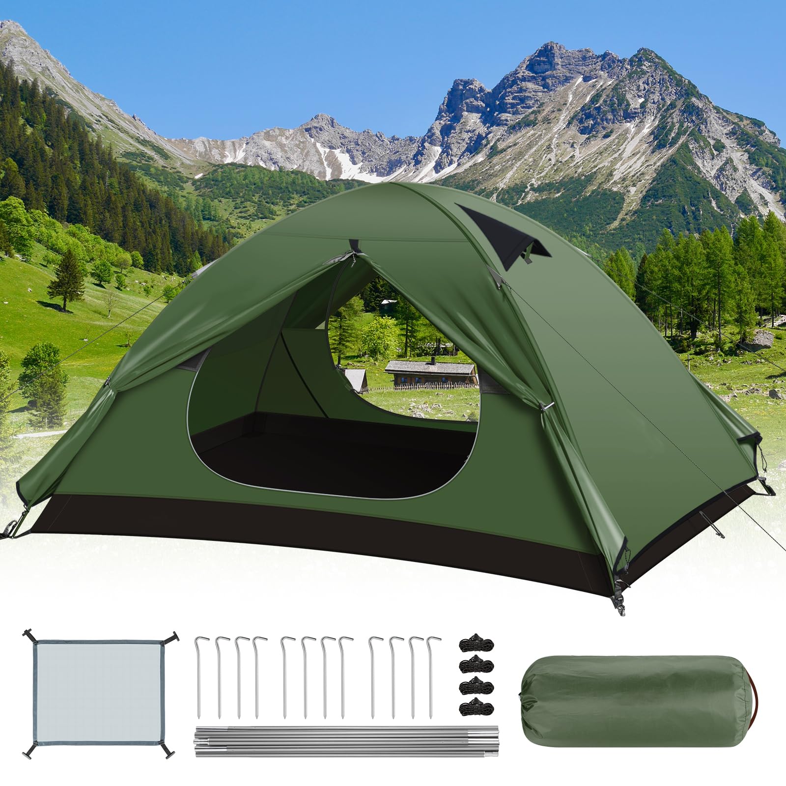 Tienda de Campaña 2-3 Personas, Protección UV, Impermeable y Cortaviento, Tienda de Techo de Doble Capa Portátil Ultraligera, para Senderismo, Camping, Playa, Viaje en Pareja