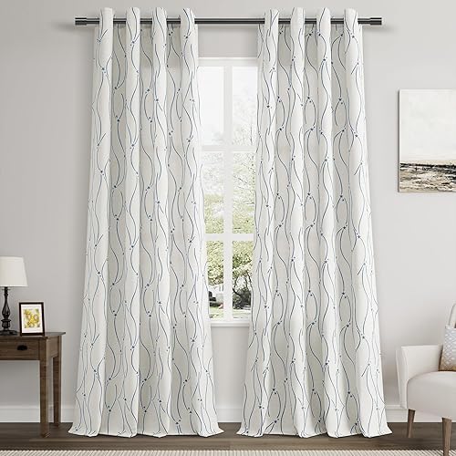 Miniatura 8 de Joywell Cortinas texturizadas de lino de 120 pulgadas de largo para sala de estar, cortinas bordadas de granja con ojales, 2 paneles de cortinas de