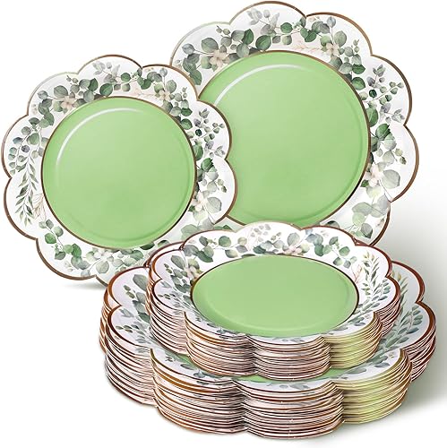 Mifoci 100 platos de postre de papel verde de 7 pulgadas y 9 pulgadas, bandeja desechable verde salvia, platos florales de eucalipto para bodas,
