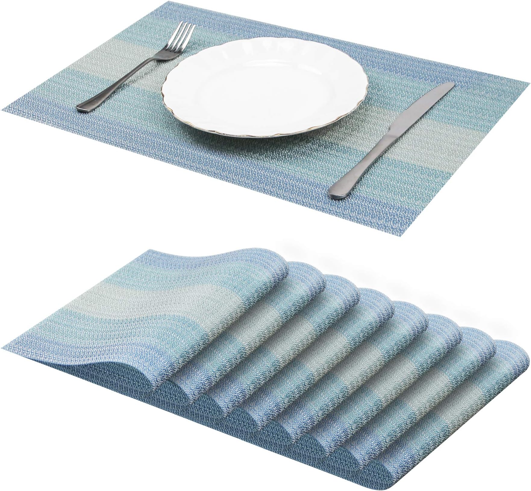 Jujin Placemats Set of 8 Non-Slip Washable PVC Heat Resistant Placemats for Dining Table Blue