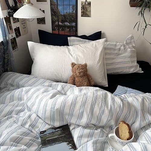 Miniatura 5 de MKXI Juego de funda de edredón de tamaño individual, 100% algodón lavado, ropa de cama a rayas azules y blancas, suave y transpirable, juego de 3