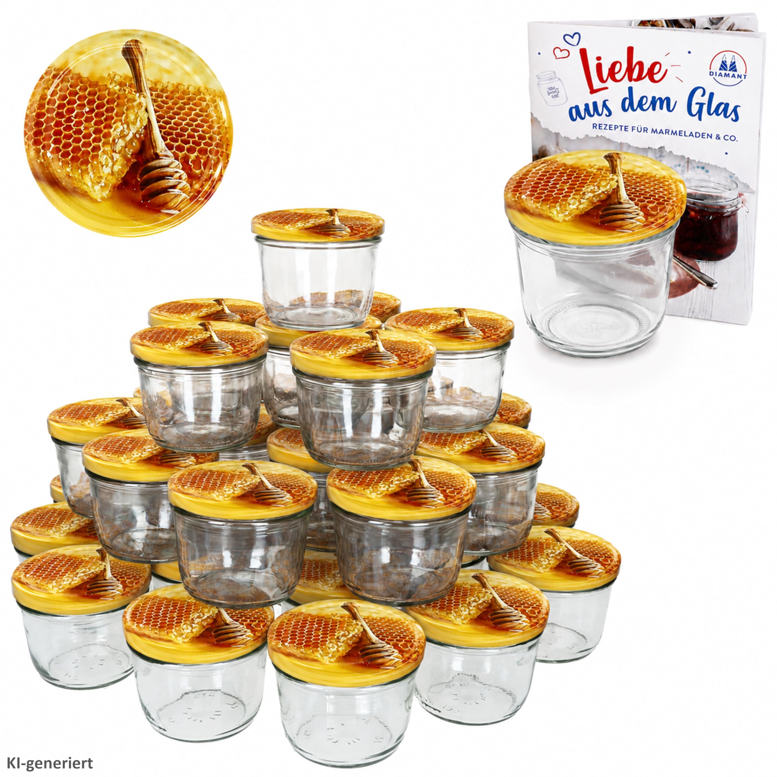 MamboCat 100er Set Sturzglas 230 ml Einmachglas Einweckglas Honigglas To 82 Carino Honigwabe Deckel incl. Diamant-Zucker Gelierzauber Rezeptheft