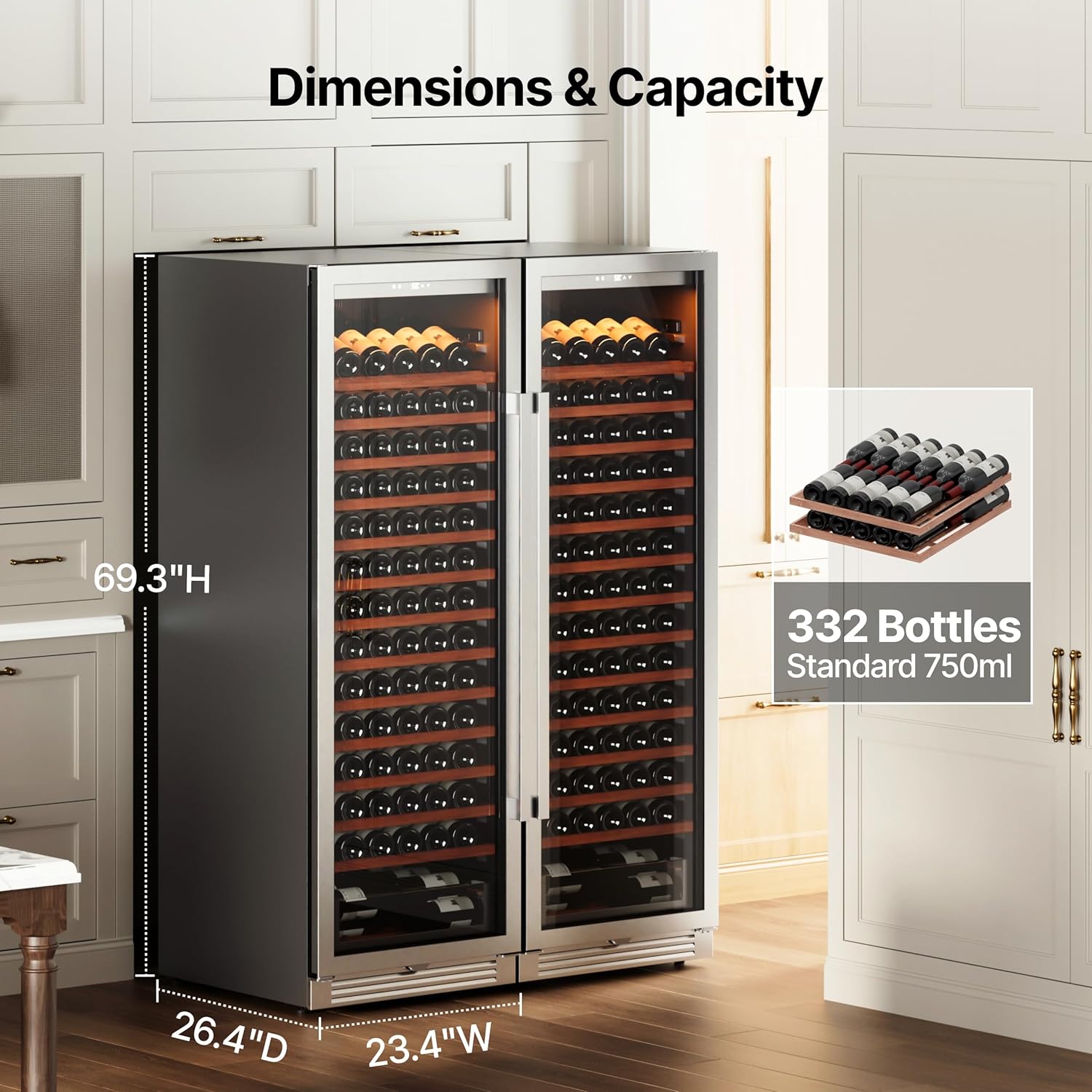 Ca'Lefort 332 Bottle Wine Fridge Bundle, Two 24 Inch Wine Cooler, Energy Star Certified, 40-65°F Temp Control, Adjustable Shelves & 3-Color LED, Built-in/Freestanding for Home/Bar/Kitchen (2 Units)