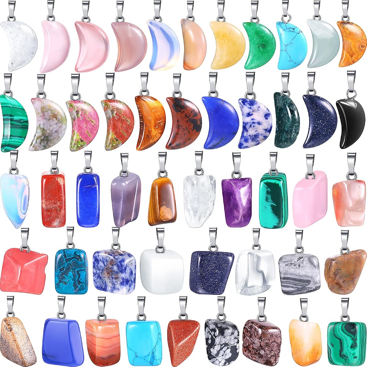 Jadive 50 Piezas Colgantes de Piedra de Cristal Dijes de Piedras Preciosas Cuentas de Chakra Curativas Irregulares Colgantes en Forma de Luna Cuentas de Piedras Preciosas Naturales Dijes de Cuarzo para Pulseras DIY Collares Pendientes Fabricación de Joyas