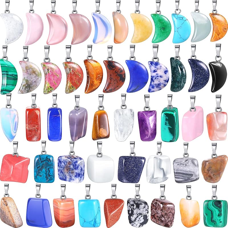Jadive 50 Piezas Colgantes de Piedra de Cristal Dijes de Piedras Preciosas Cuentas de Chakra Curativas Irregulares Colgantes en Forma de Luna Cuentas de Piedras Preciosas Naturales Dijes de Cuarzo para Pulseras DIY Collares Pendientes Fabricación de Joyas