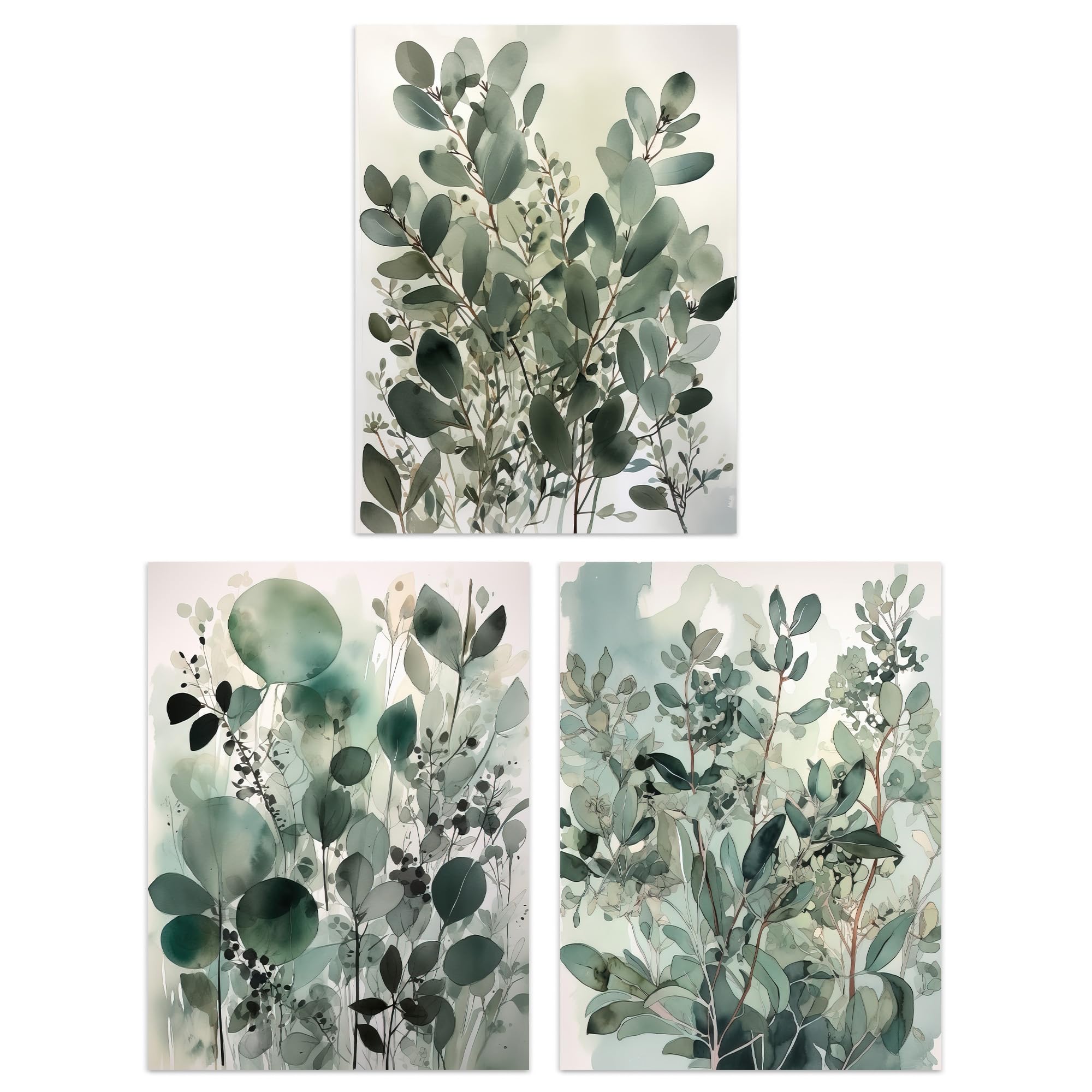 Artery8 Set of 3 Botanical Plants Sage Green Watercolour Eucalyptus Leaves Boho Artworks Unframed Wall Art Living Room Poster Prints Pack
