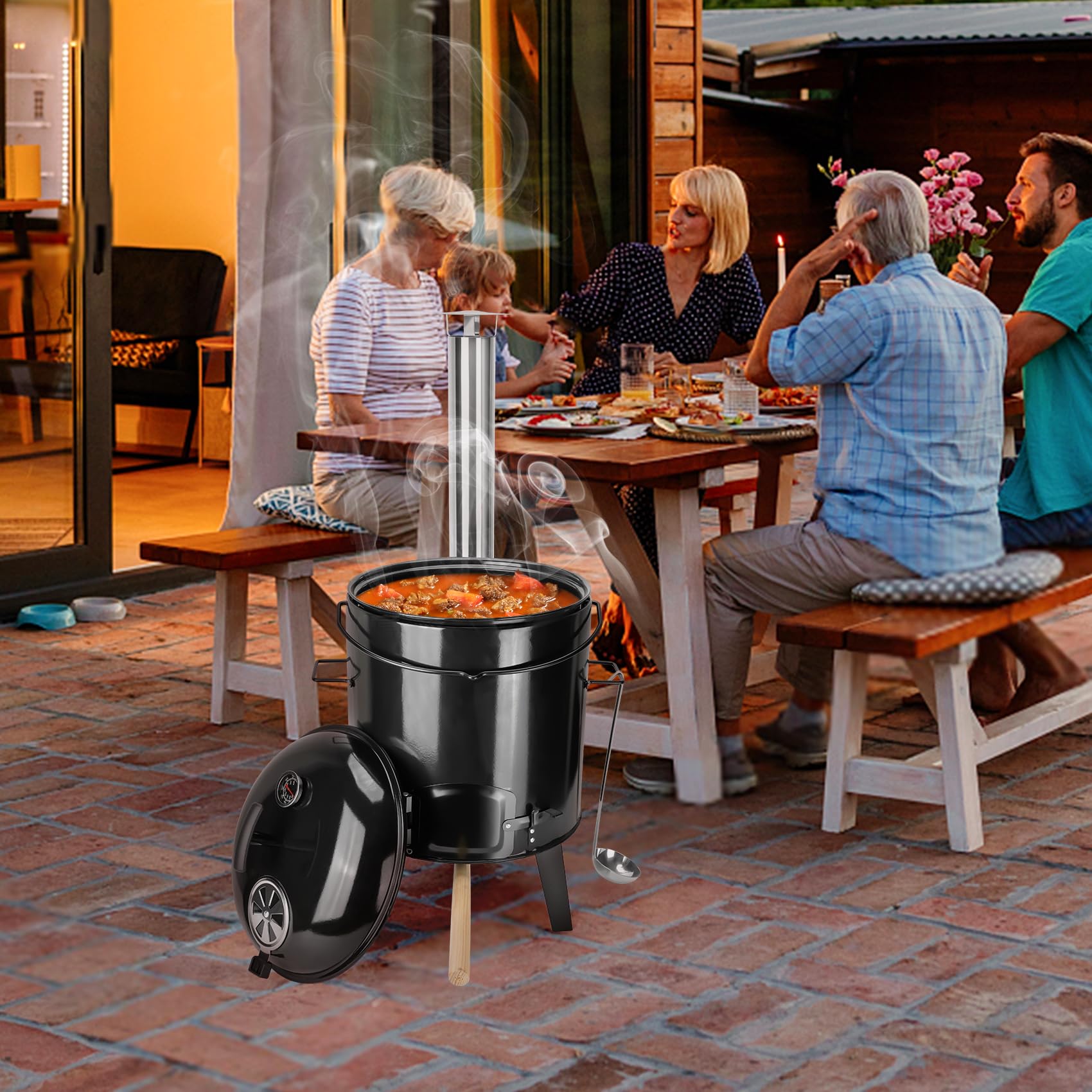Onlyfire Emaliowany Kocioł na Gulasz, piec do Gotowania Jednogarnkowych z Funkcją Grilla, Grill Kulisty, Garnek do Pieczenia Kurczaka, Patelnia, Chochla do Zupy, 14 l, Termometry z Pokrywką
