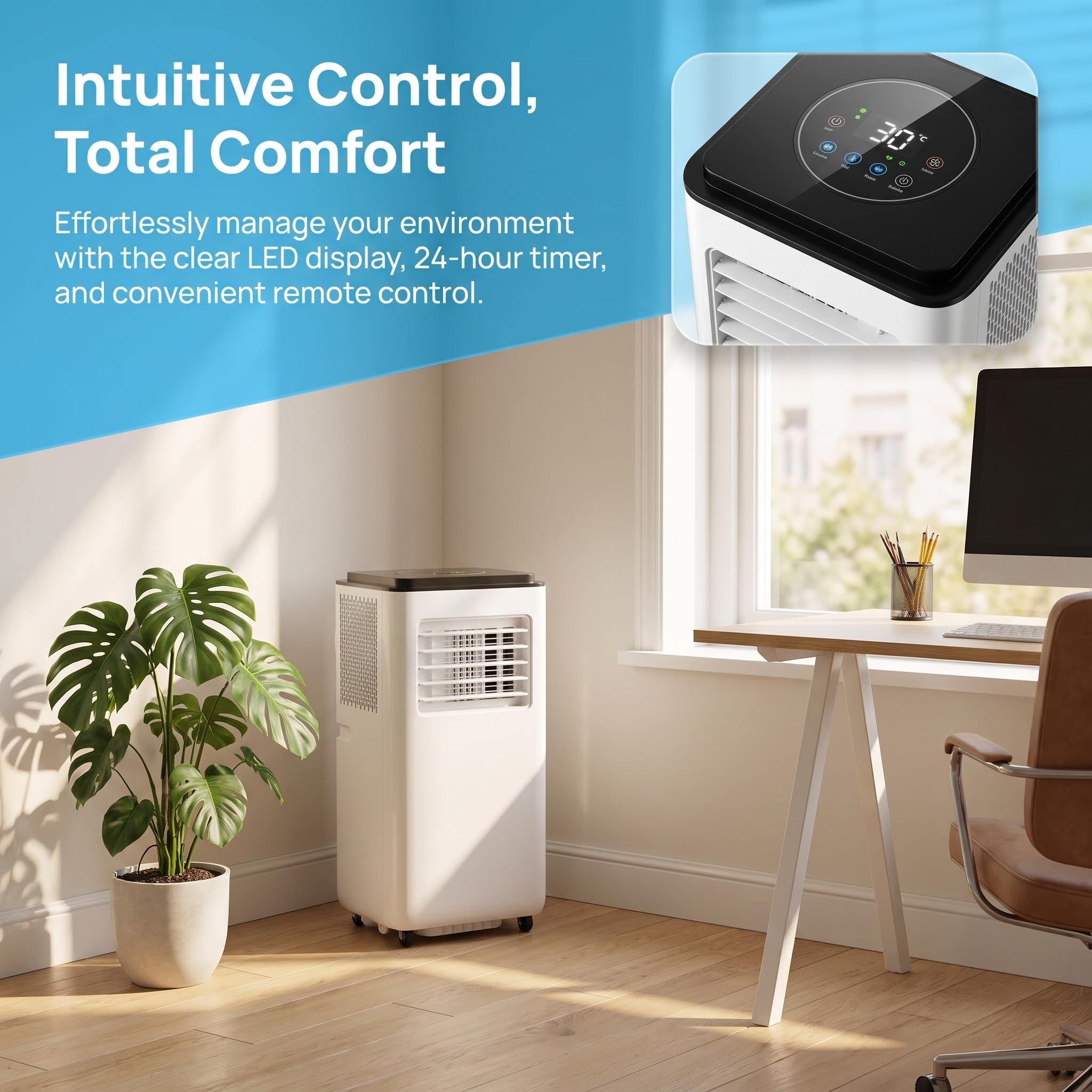 Tragbare Klimaanlage 14000 BTU mit Fernbedienung, 24H Timer & Fenster Kit, kühlt 28m² für Home Office, Oszillation, 2 Geschwindigkeiten
