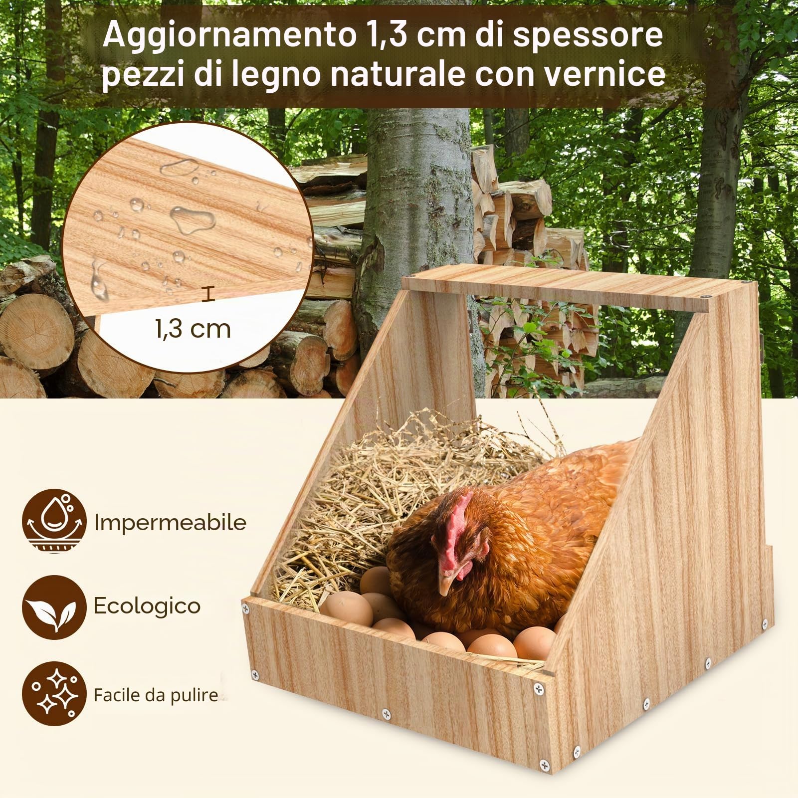 Nido per galline ovaiole a 2 posti, con un cesto più capiente per le uova di gallina in legno, nido di pollo per montaggio a parete con pittura impermeabile, 35,3 x 35,3 x 34,2 cm