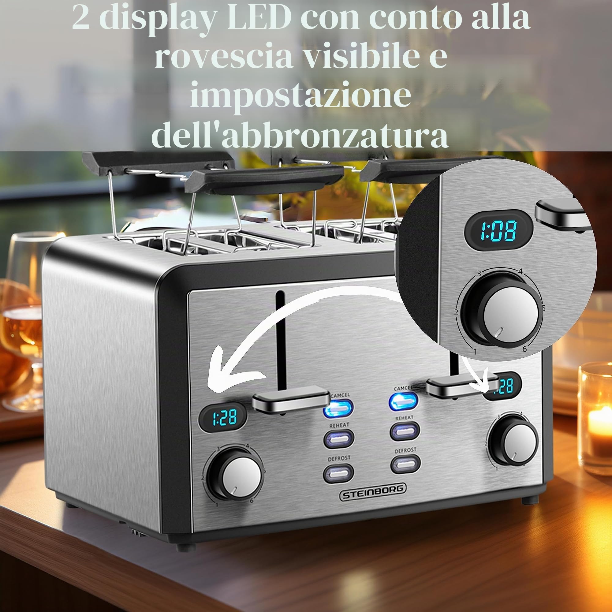Tostapane XXL con 4 fessure per tostapane | 1600 Watt | 6 livelli | 2 x inserti per panini | funzione scongelamento | 2 x cassetti per briciole | acciaio inox | 4 strati | display LED