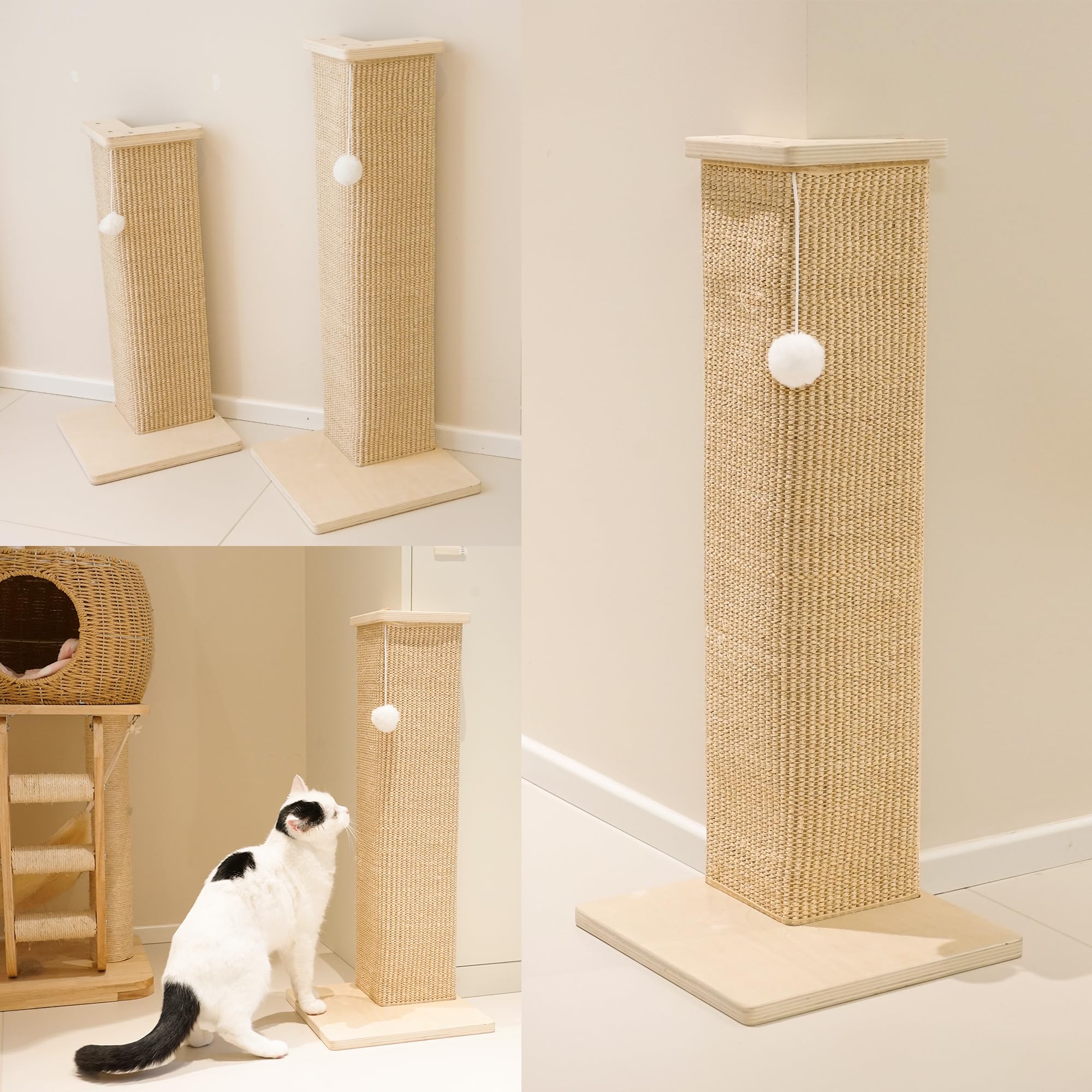 PETKARAY Eck-Kratzbrett für Katzen, 71 cm Hoher Kratzpfosten für Sofa und Wand, Sisal Kratzmatte, Möbel-Schutz mit Spielball, Groß
