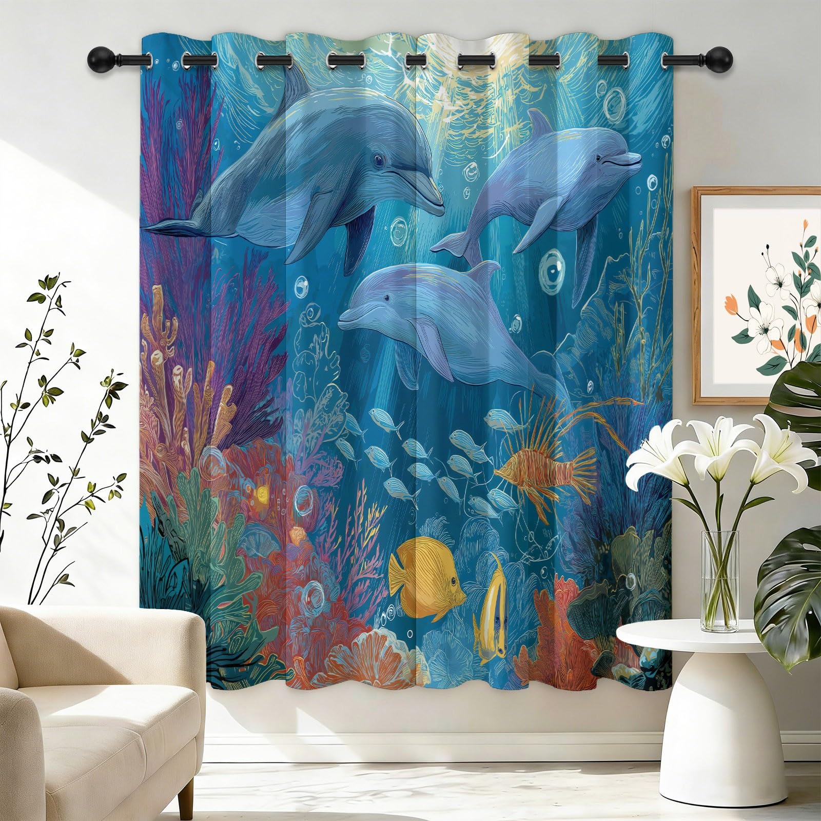 Thermal Insulated Energy Saving Blackout Drapes W 46" x L 72" (2 Panels), Ocean Dolphin, Coral Reef & Tropical Fish Pattern, Fade-Resistant Finish for Boys Room, Playroom, Teal