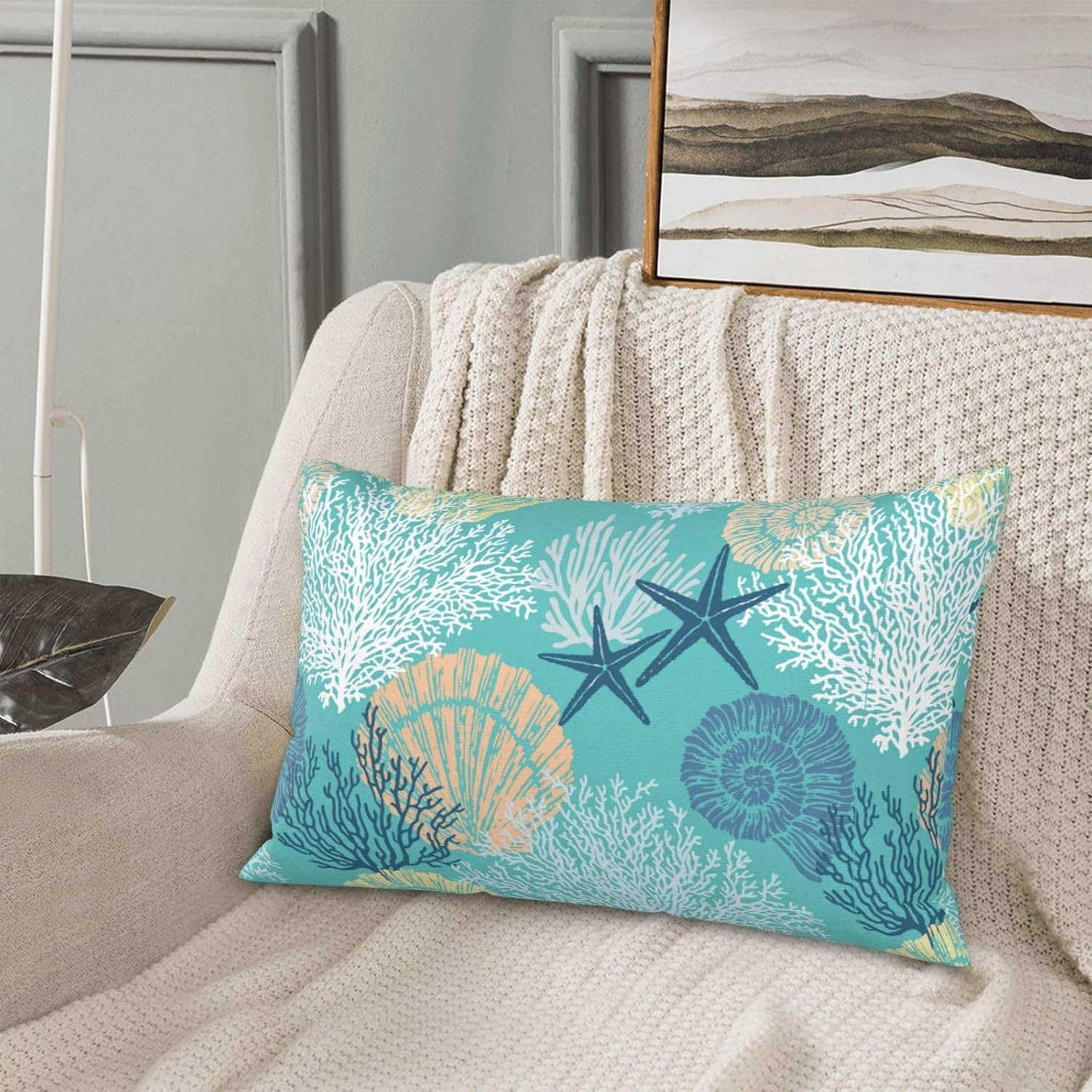 Coastal Beach Throw Pillow Covers Ocean Seashell Coral Starfish Lumbar Pillow Cover 12x20 Inch Set of 2 Nautical Coastal Pillowcase Rectangle Cushion Cases for Home Bed Sofa - Image 6