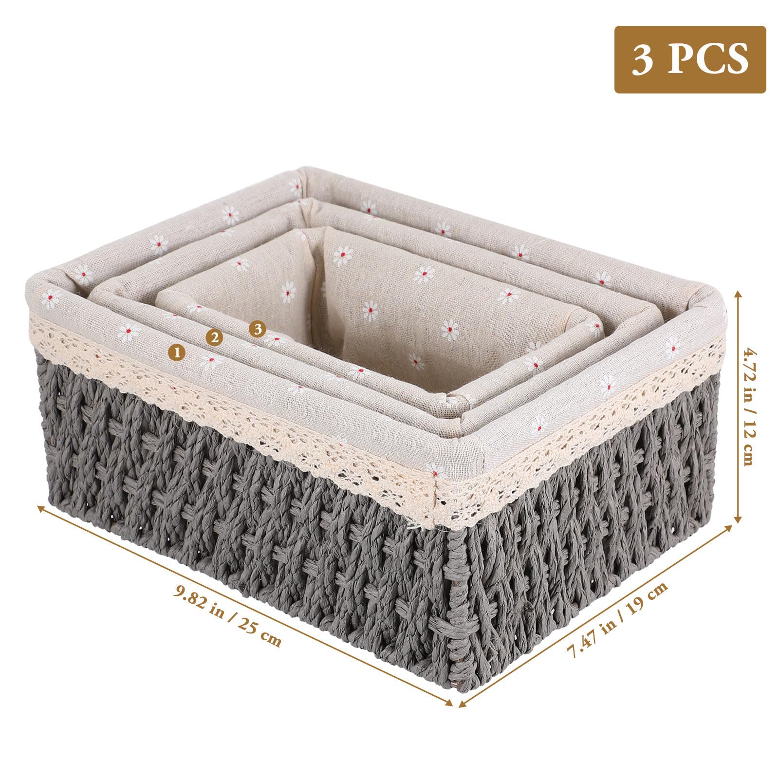 Set 3 Cestini Portaoggetti da Scrivania in Rattan Intrecciato Grigio, Organizer Compatti per Casa e Ufficio, Contenitori Multiuso per Piccoli Oggetti