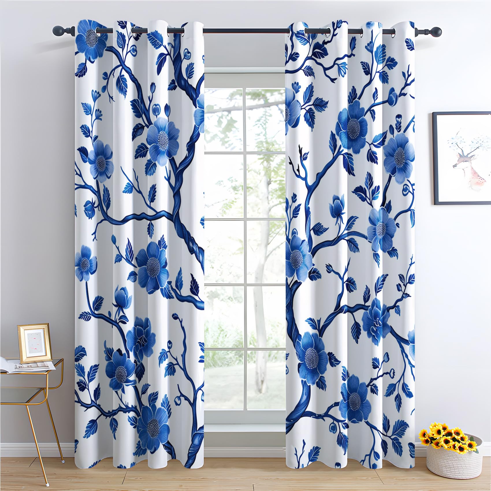 Luxfieo Blue Floral Blackout Curtains for Living Room Bedroom - 108 Inch Drop Curtains 90x108, Blue and White Flower Chinoiserie Patterned Window Treatments, Thermal Eyelet Drapes 2 Panels
