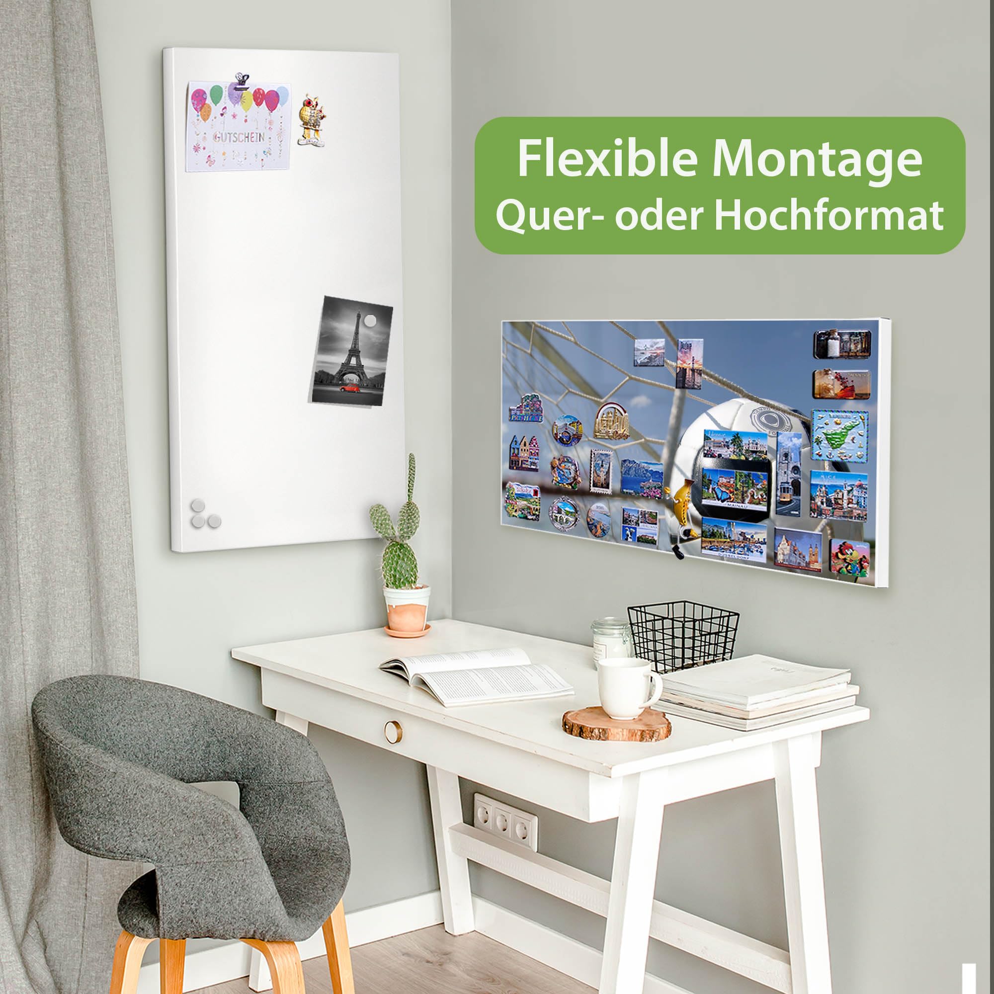 banjado Magnettafel Metall 78 x 37cm - beschreibbare Magnettafel - Metall Pinnwand als Memoboard - Magnetwand Küche, Büro, Kinderzimmer Weiß inkl. 4 Magnete & Montageset - Motiv Fußball