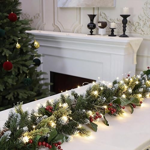 Miniatura 12 de Guirnalda de Navidad de 9 pies con luces, guirnalda de pino artificial con flores iluminada para repisa de chimenea, guirnalda de Navidad de