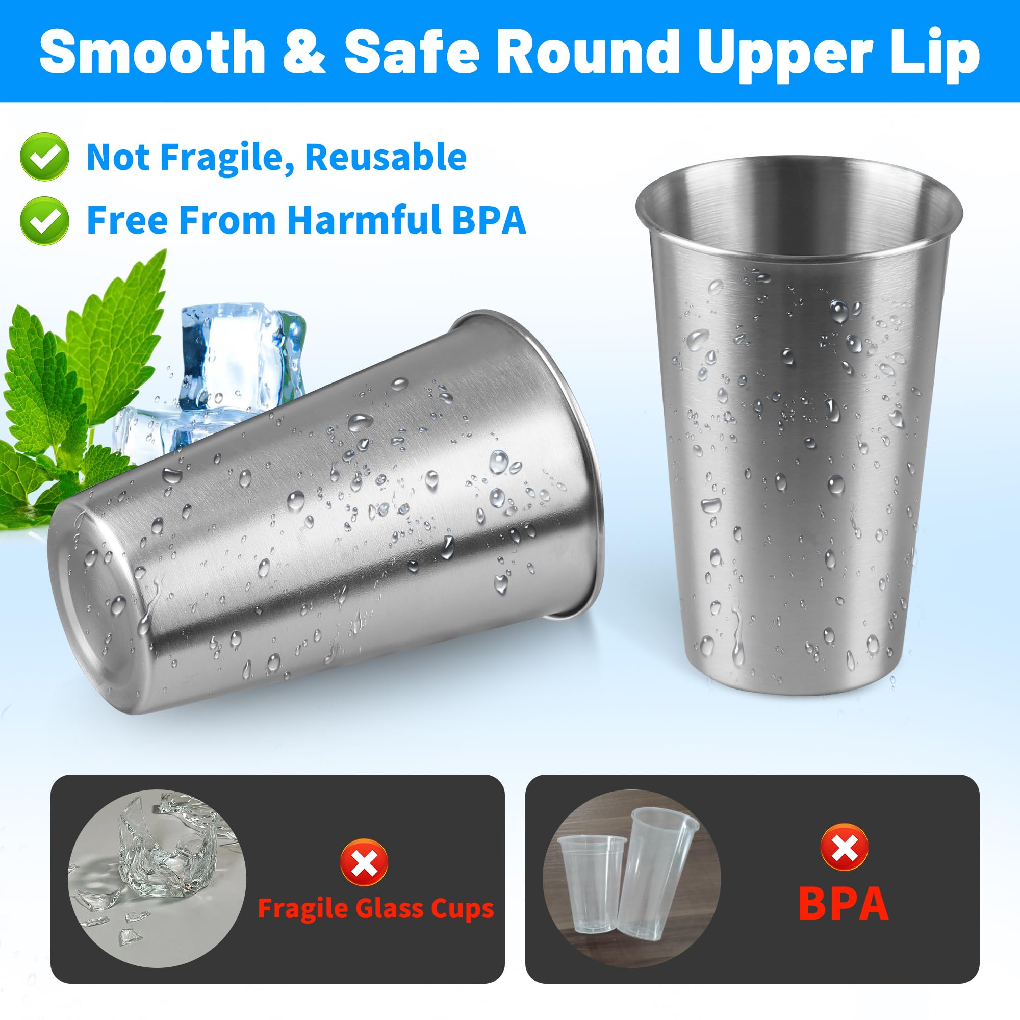 Paquete de 4 vasos de pinta de acero inoxidable de 16 onzas, vasos de acero inoxidable, vaso de pinta, vaso de agua, apilables, reutilizables, sin BPA, (16)
