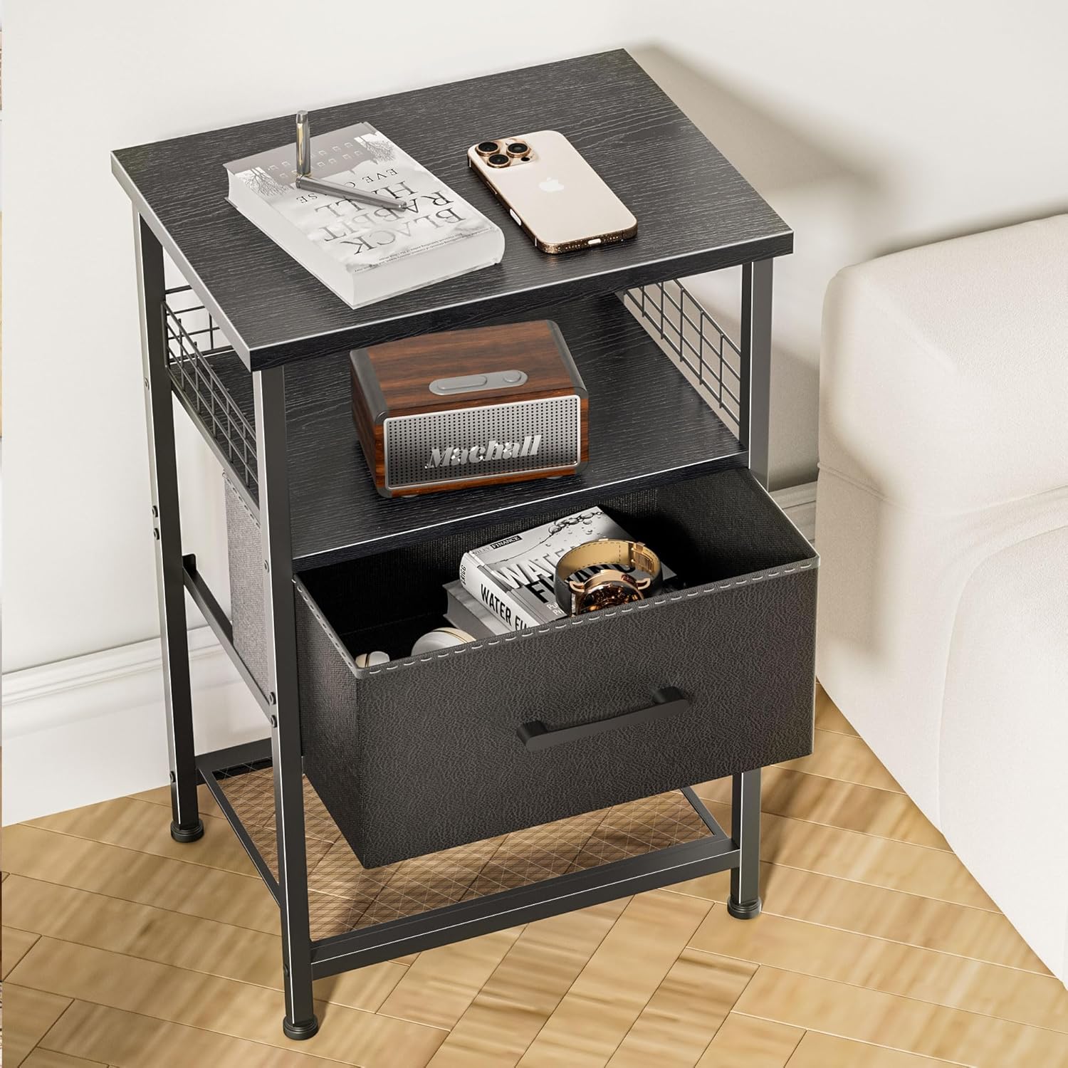 Black Night Stand Set of 2,Bedside Tables with Fabric Drawers,Nightstands with Storage Shelf,Bed Side Tables for Bedroom,End Table for Sofa Couch,Small Spaces