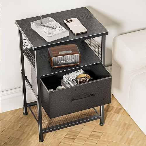 Miniatura 23 de Juego de 2 mesitas de noche con cajón, mesa auxiliar con valla de metal, mesa auxiliar de almacenamiento de 3 niveles con estante de malla, para
