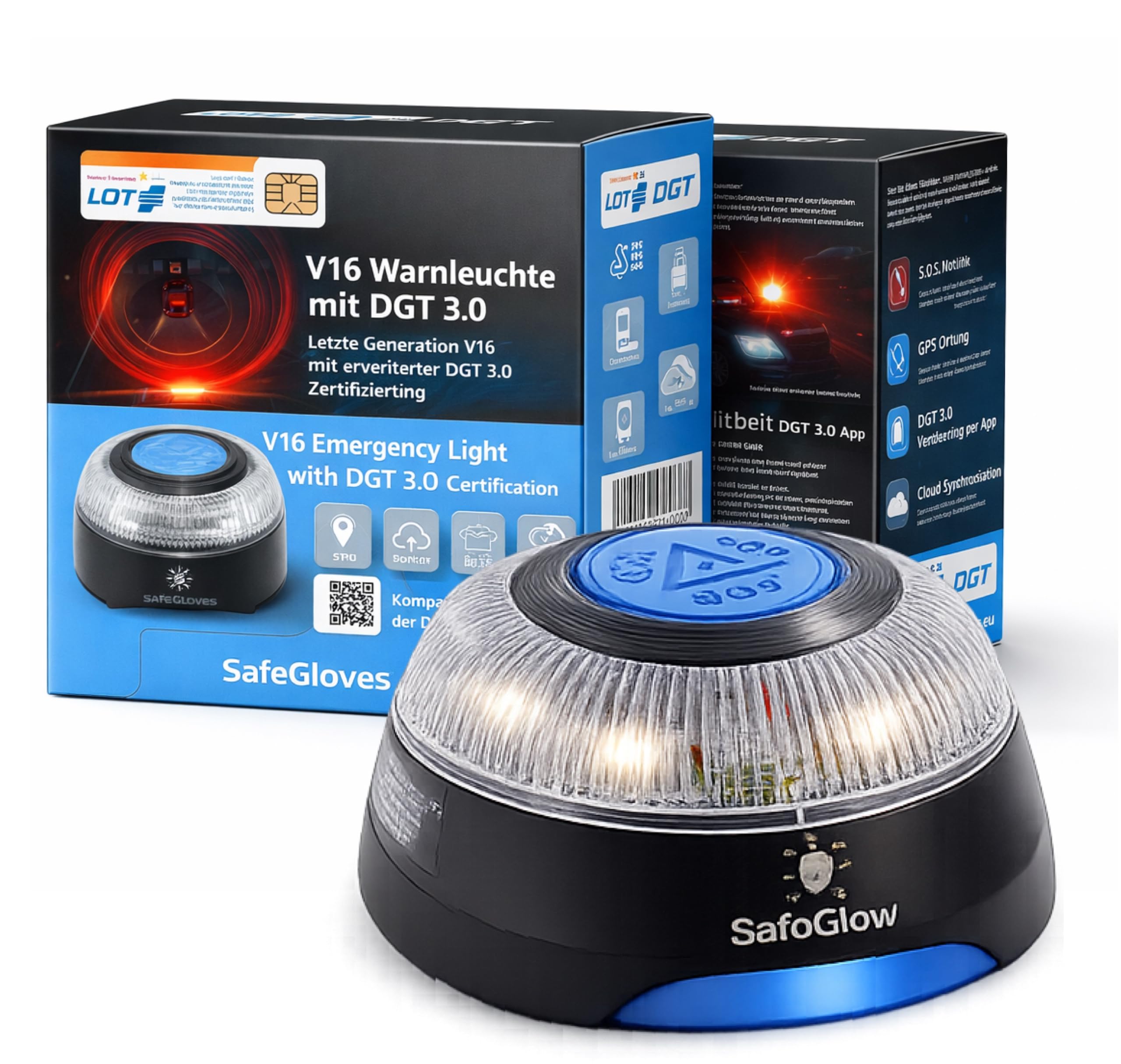 Safeglow® Warnleuchte V16 DGT 3.0 Notlicht inkl. SIM Karte - IDIADA Zulassung Nr. PC21020060 - Warndreieck - Pannendreieck ab 2026 Spanien - für Auto & Motorrad (V16 Leuchte mit SIM - DGT 3.0)