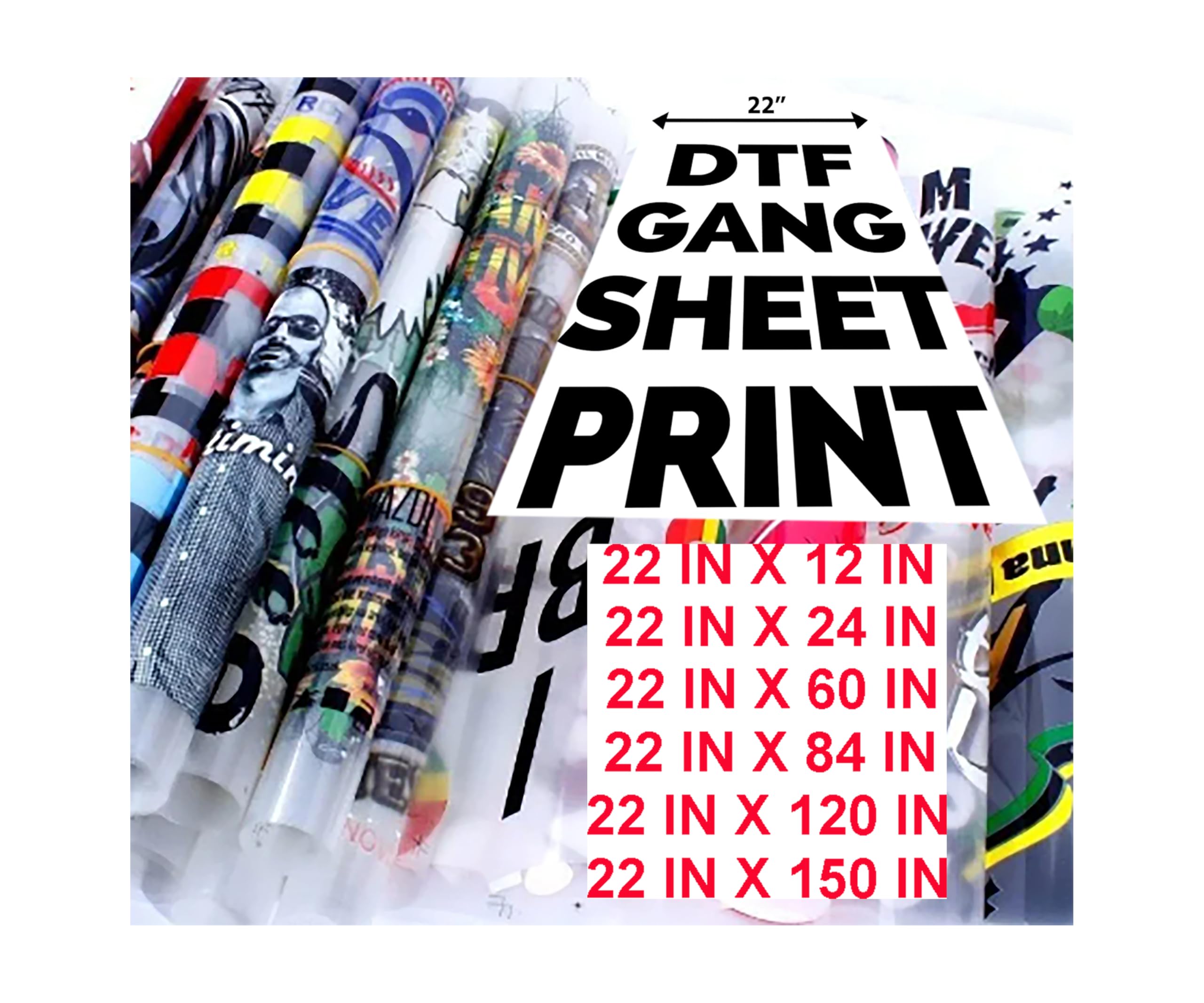 DTF Transfer Gang Sheets for Heat Press, 22x12 to 22x150 inches, T-Shirt Printing Film (HOT Peel, 22 in X 24 in)