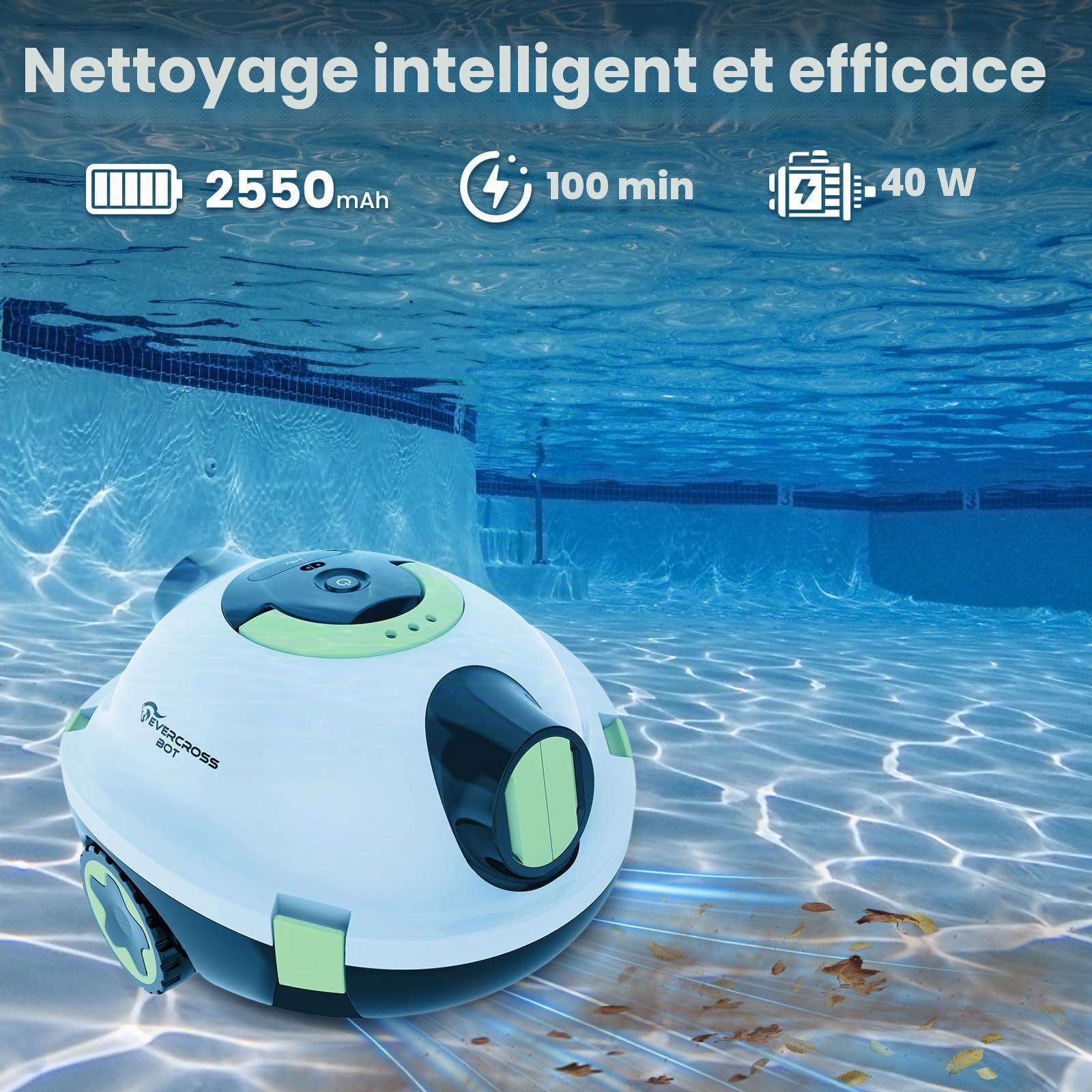 (2026 Nouveau) EVERCROSS BOT Robot Piscine sans Fil - Autonomie 100 Min, Aspirateur de Piscine Automatique pour Fond, Double Moteur 40W, pour Piscines jusqu'à 120㎡, Bac à Débris 3L, IPX8