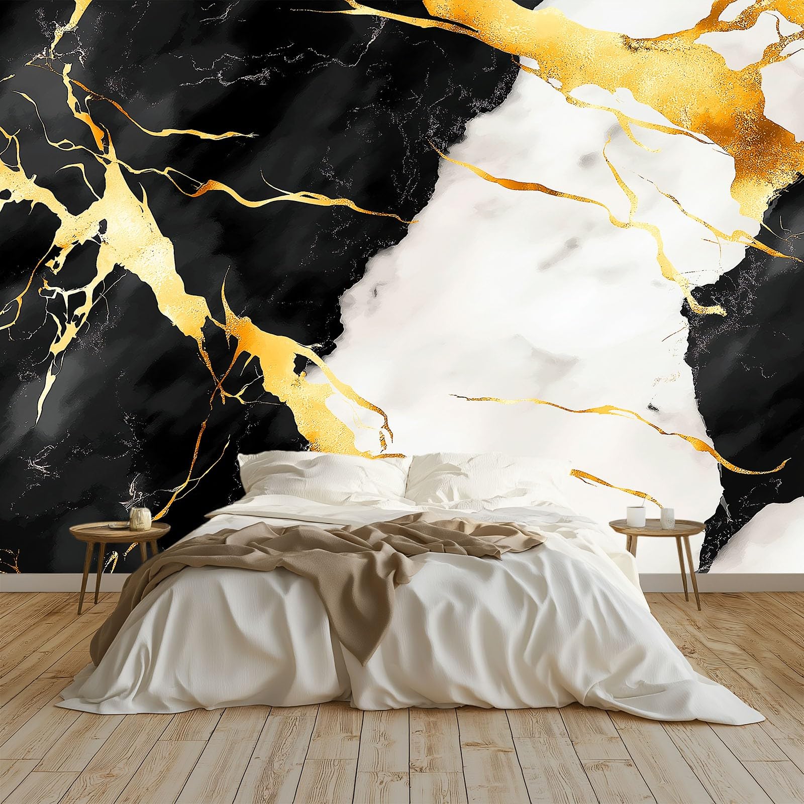 Générique 350 x 256 cm Panoramiczna tapeta tekstura marmurkowy wzór złoty liść 3D Mural Design, dekoracja ścienna do zdjęć, tapety z włókniny dekoracja ścienna salon sypialnia, czarna