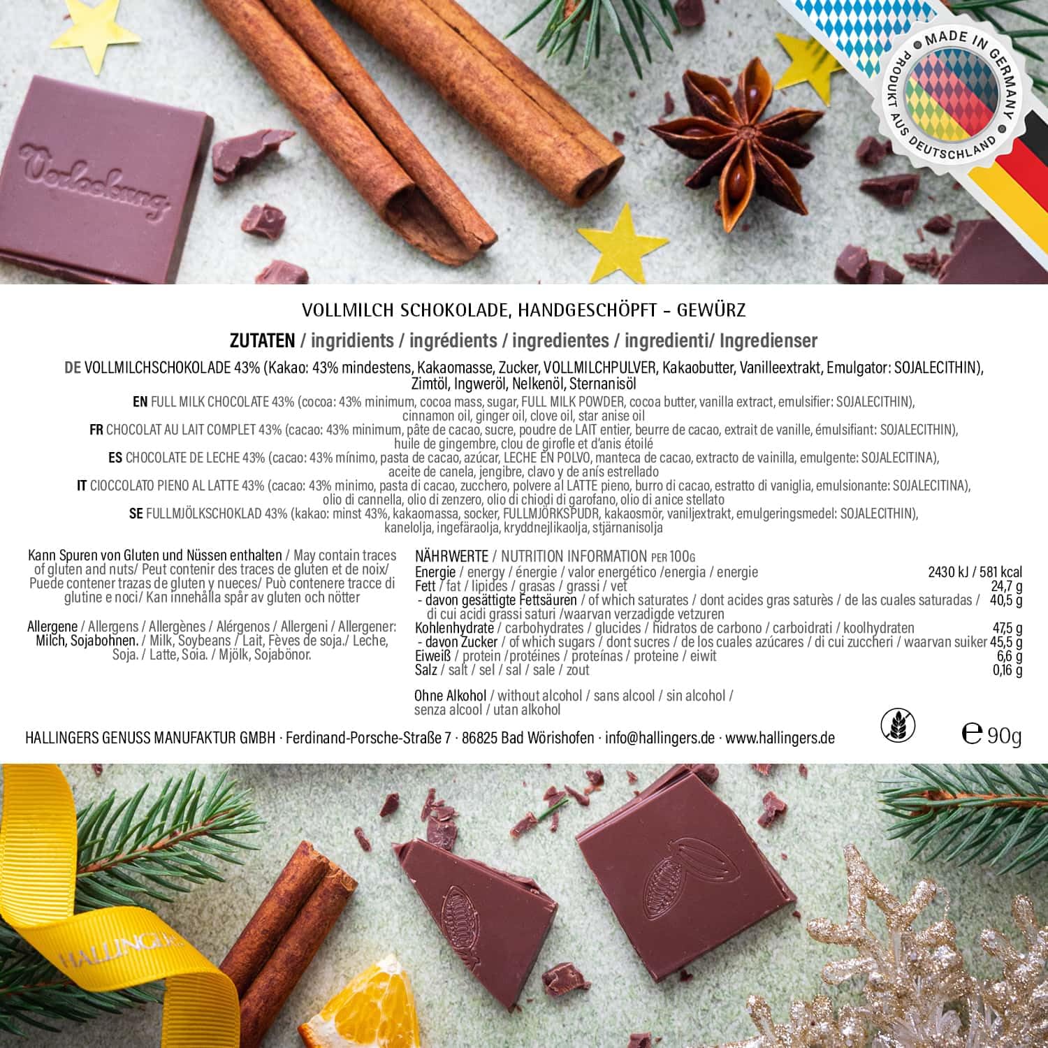 Hallingers Genuss Manufaktur Schokolade Weihnachts-Geschenk - Tafel Edelkakao handgeschöpft ohne Alkohol edler Karton 10x "Gewürz" Xmas-Gewürze, Weihnachten für Frauen Männer