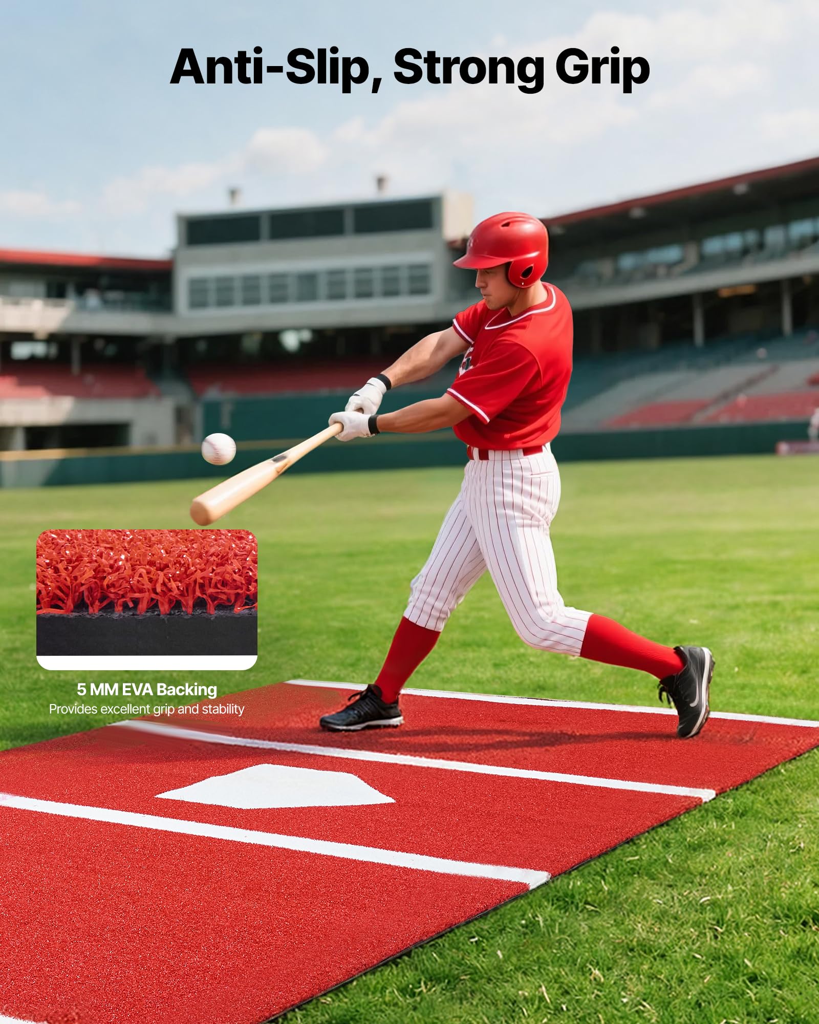 VEVOR Baseball-Schlagmatte Trainingsmatte (366 x 183 cm) Trainingspad Schlagkäfigmatte, Baseballmatte mit Home Plate & Anti-Fade-Rasen, tragbare Trainingshilfe Softballmatte Outdoor, Rot