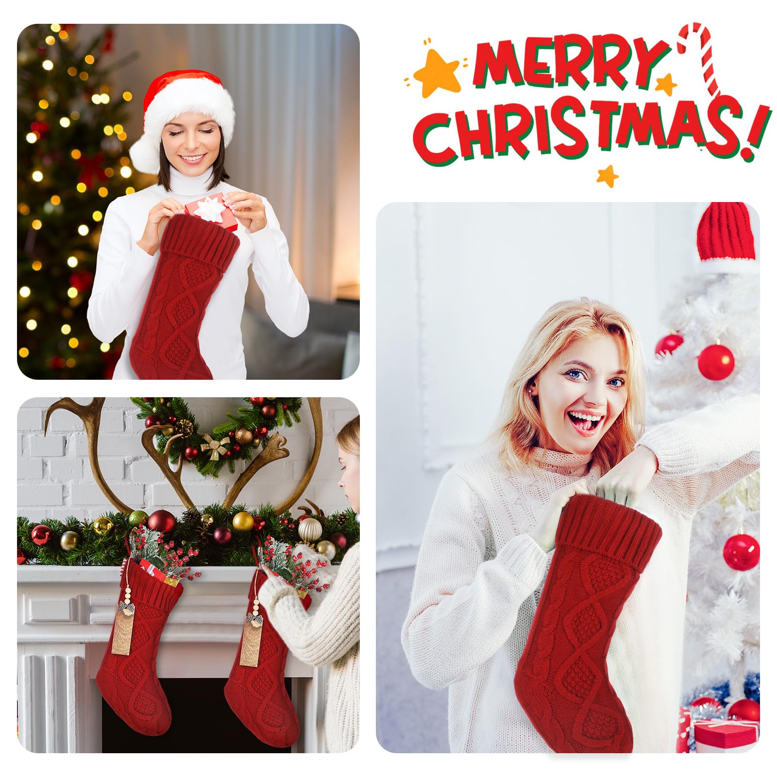 Cozypower Weihnachtsstrümpfe mit Namensschild, 45,7 cm, große Zopfstrickstrümpfe, Weihnachtsstrumpf, Kamin, hängende Strumpf, Geschenktüten für Kamin, Weihnachtsbaumschmuck, Rot, 4 Stück