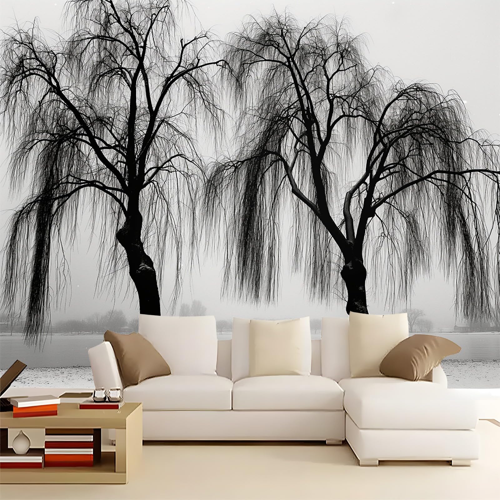 Tapeta 350 x 256 cm, tapeta z włókniny, proste drzewo, wierzba płacząca, dekoracja, wodoszczelna, folia ochronna na ścianę, do sypialni, salonu, fototapeta, czarno-biała, wraz z poradnikiem do