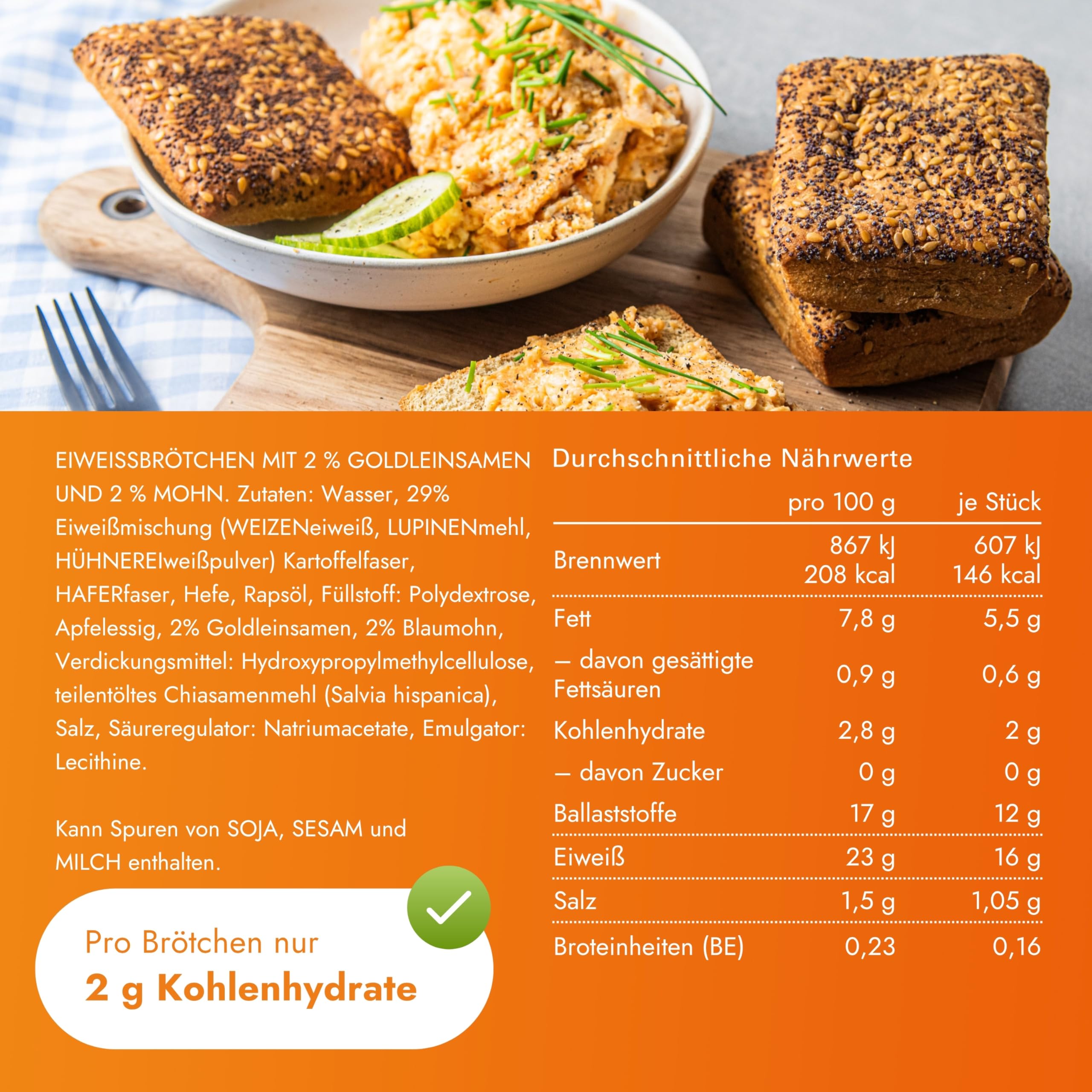 STEINER´s Low Carb High Protein Saatenbrötchen | 92% weniger Kohlenhydrate | high protein | nur 2,8g Kohlenhydrate | 23g Eiweiß (8er Pack, 32 Stk.)