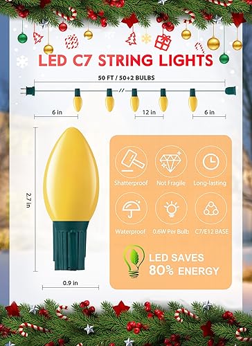 Miniatura 9 de Luces de Navidad LED C7 de 50 pies, cadena de luces vintage para exteriores con 52 bombillas (2 de repuesto), luces de Navidad colgantes comerciales