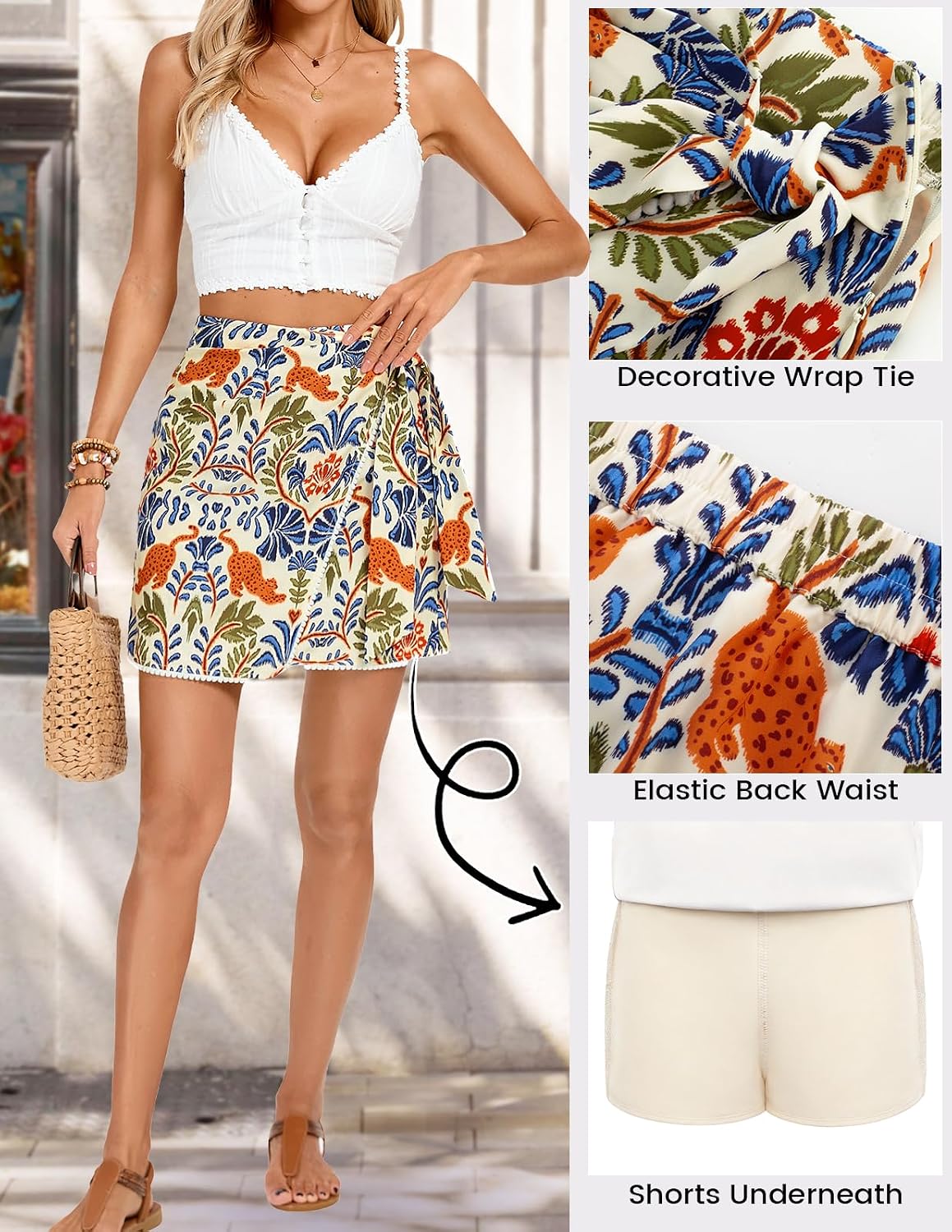 Kate Kasin Women's Boho Mini Skirts Floral Wrap Tie Skirt Elastic High Waisted Summer Casual Beach Skirts 2026