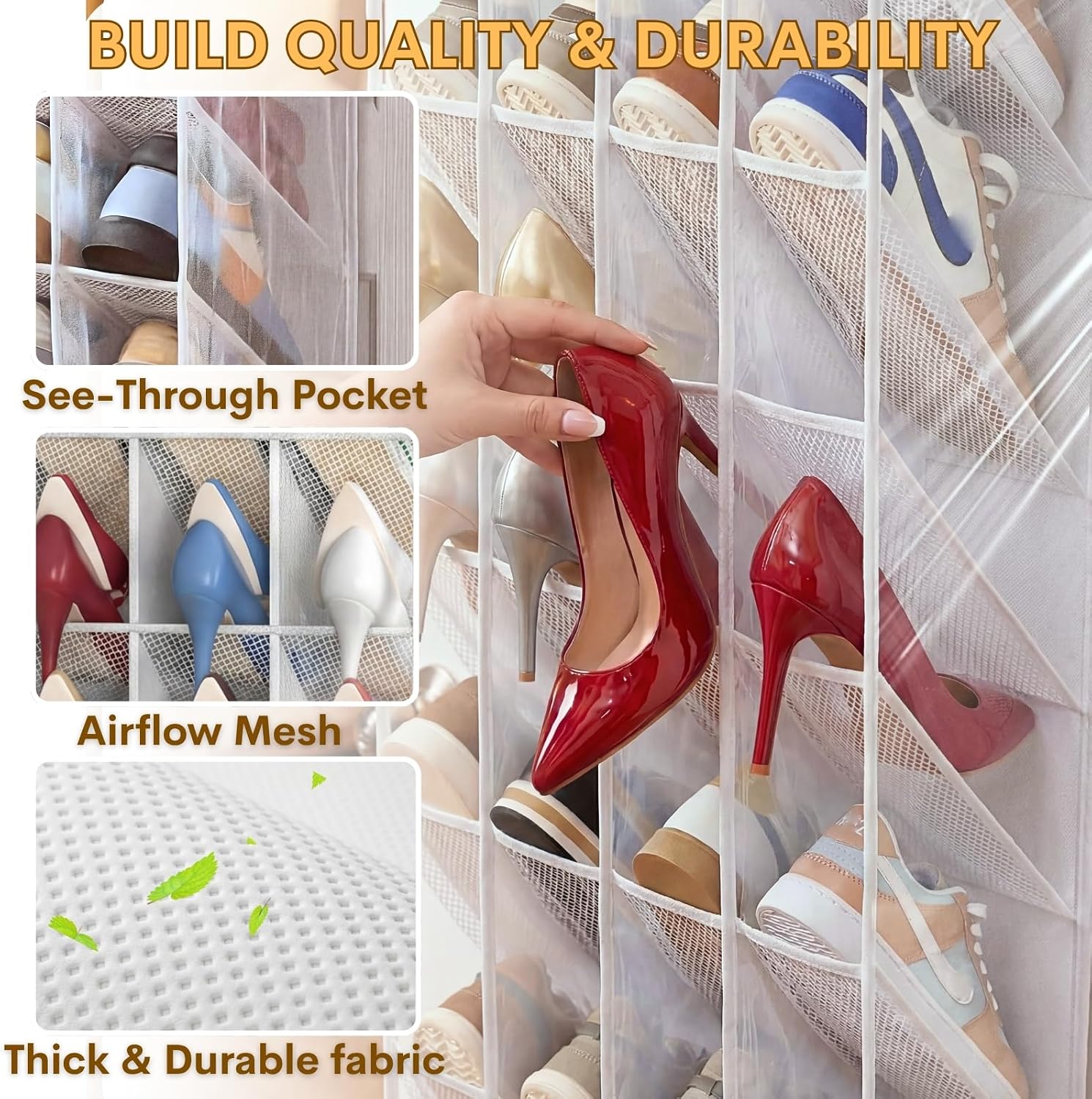 30-40 Pairs Over the Door Shoe Organizer, Clear Large Pockets Hanging Shoe Rack, Space-Saving Closet Door Organizer Fits Boots,Sneakers or Larger Shoes,Shoe Storage for Bedroom,Small Closet,Entryway