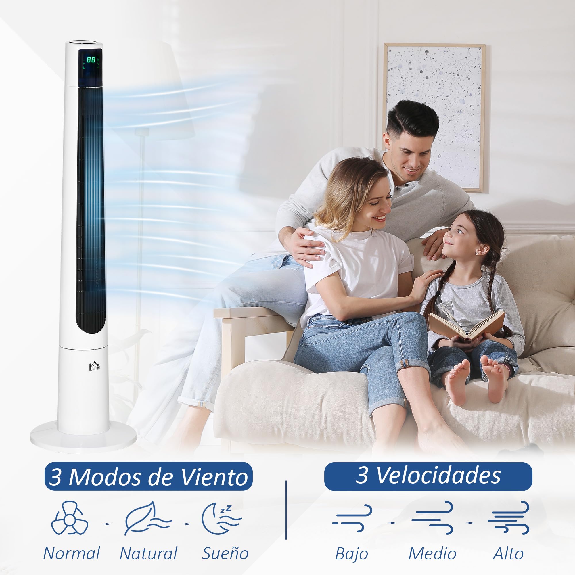 HOMCOM Ventilador de Torre Ventilador de Pie 50W Ø32x118,2 cm Blanco | Silencioso con Control Remoto, 3 Velocidades, 3 Modos, Temporizador 12H, Oscilación 40°, Pantalla LED, para Hogar y Oficina