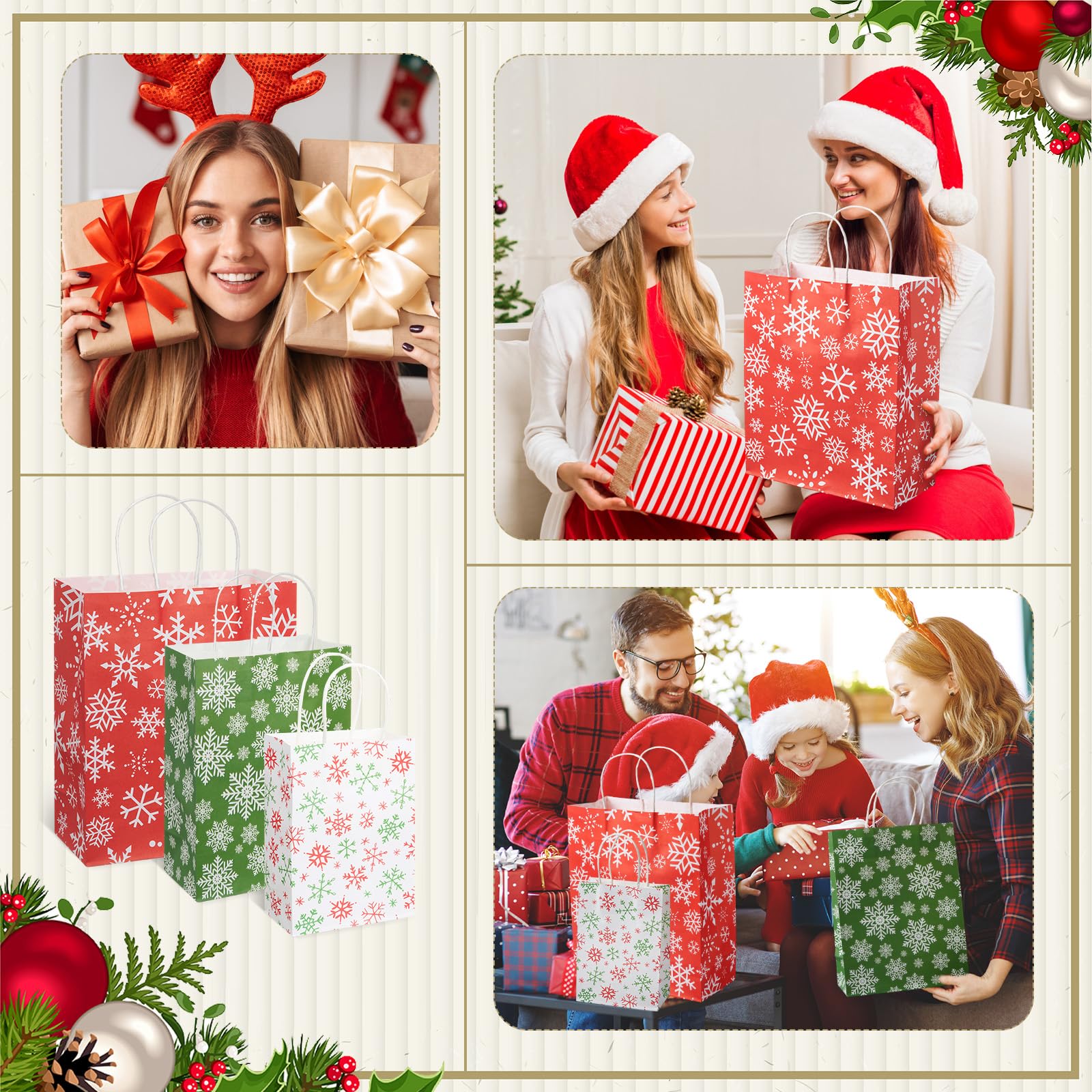 Kosiz Lot de 60 sacs cadeaux de Noël en papier kraft avec poignées de tailles assorties pour emballage cadeau (rouge et vert)