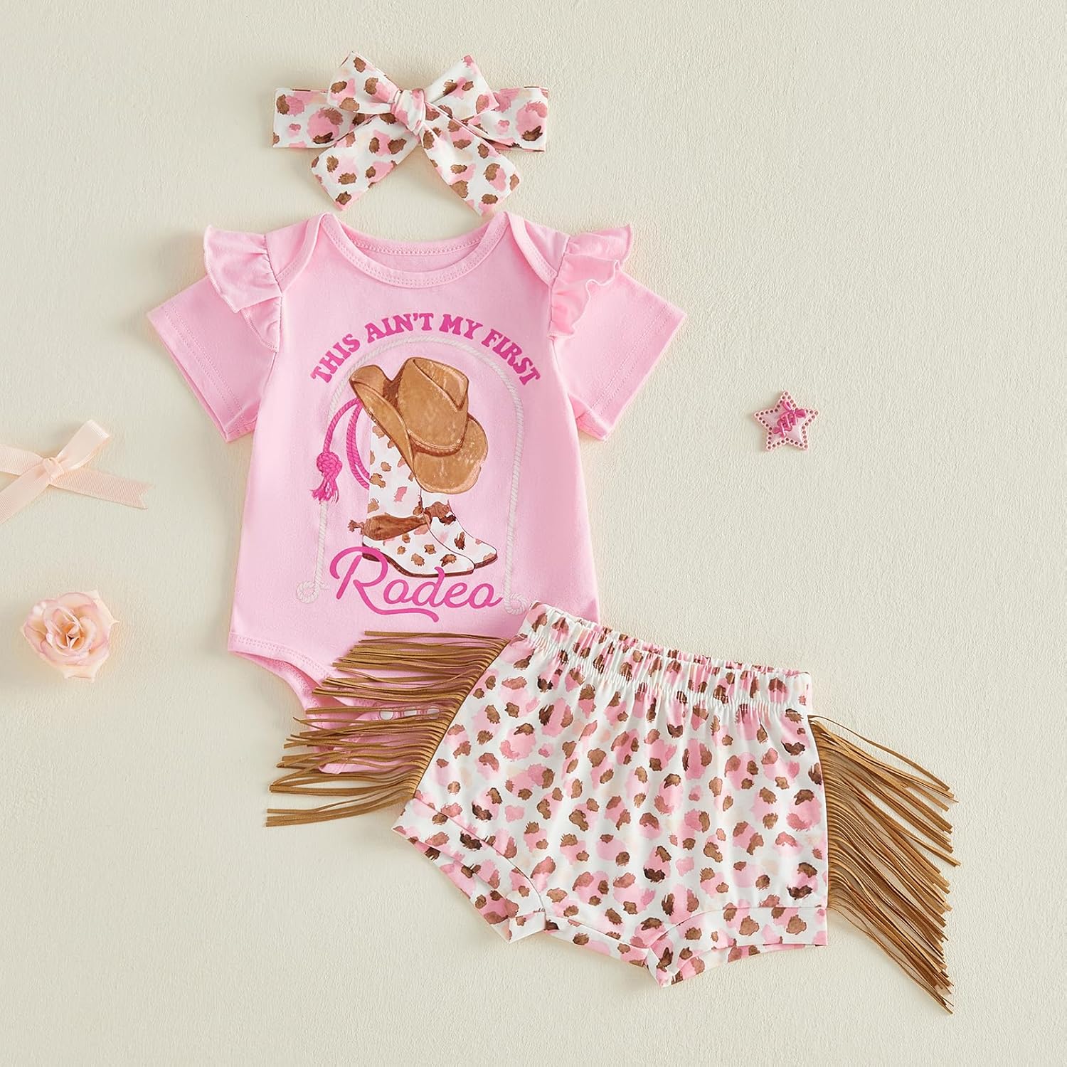 Madjtlqy Western Baby Girl Summer Clothes My 1st Rodeo Short Sleeve Romper Shorts Headband Set Cute Infant Cowgirl Outfits - Image 4