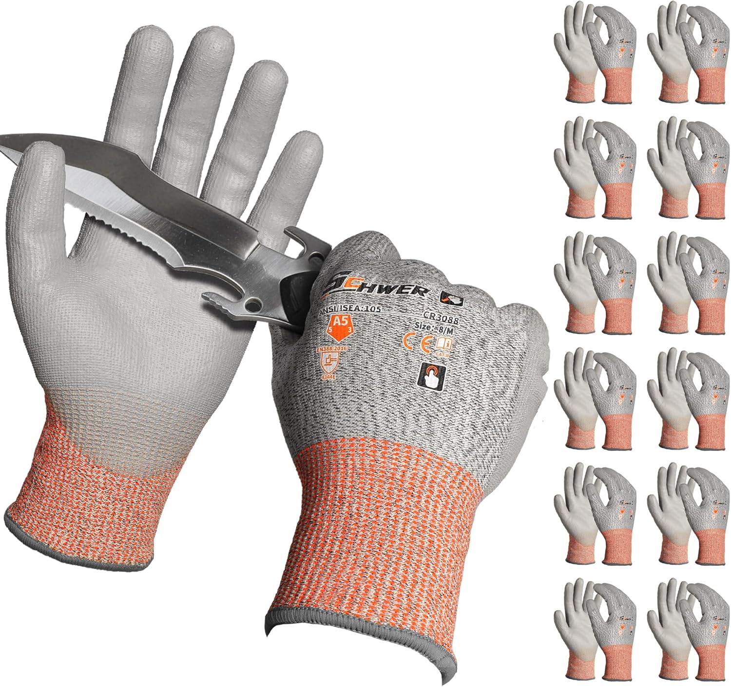 12 Pairs ANSI A6 Cut Resistant Work Gloves, Cut Proof Gloves with Sandy Nitrile Coating, Reinforced Thumb Work Gloves Used for Metal Fabrication, WoodWorking, Construction, Non Slip, Durable, S,CR3028