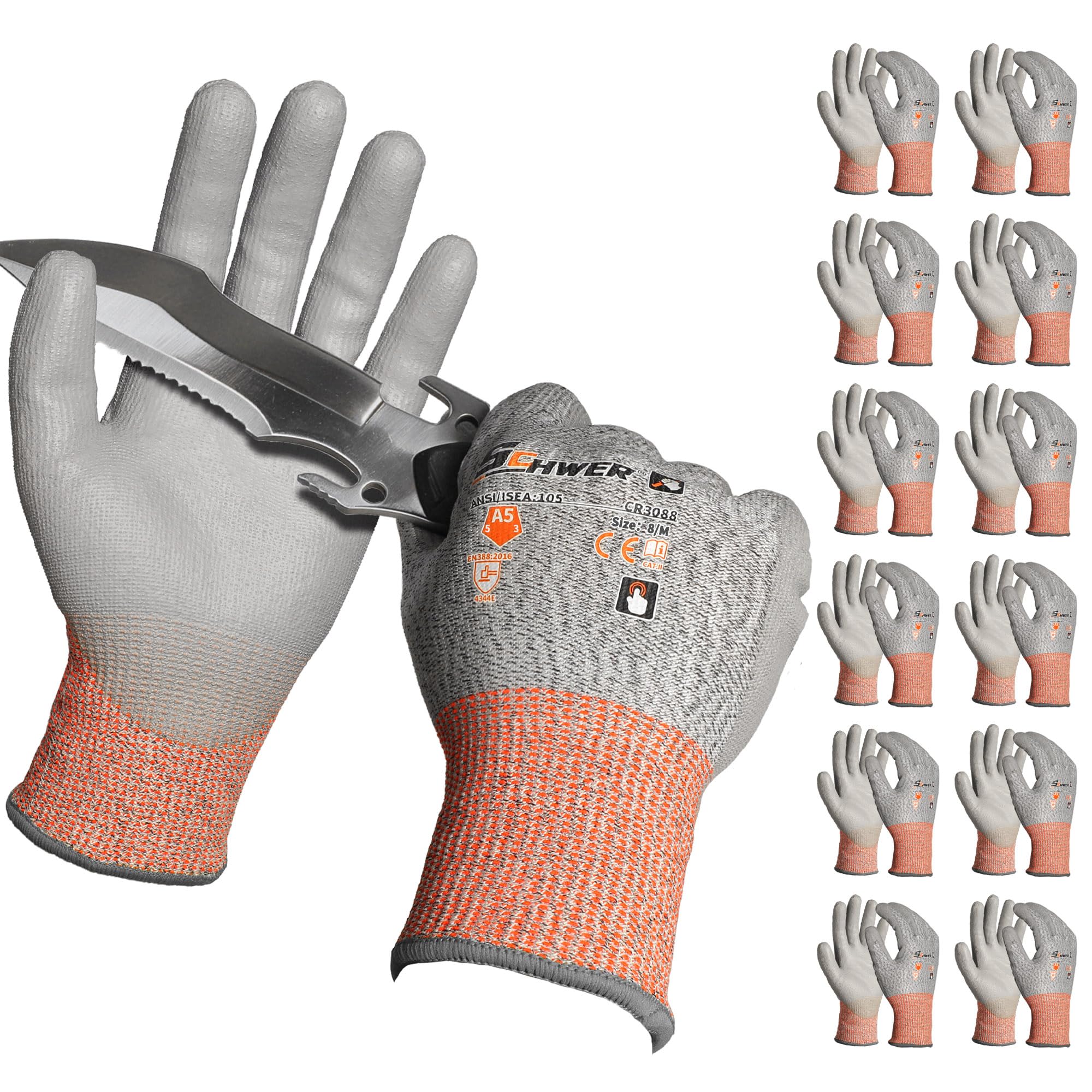 Schwer 12 paia di guanti da lavoro anti-taglio Livello 4/D con rivestimento in PU, antiscivolo e resistenti per lavorazione metalli, falegnameria ed edilizia,M