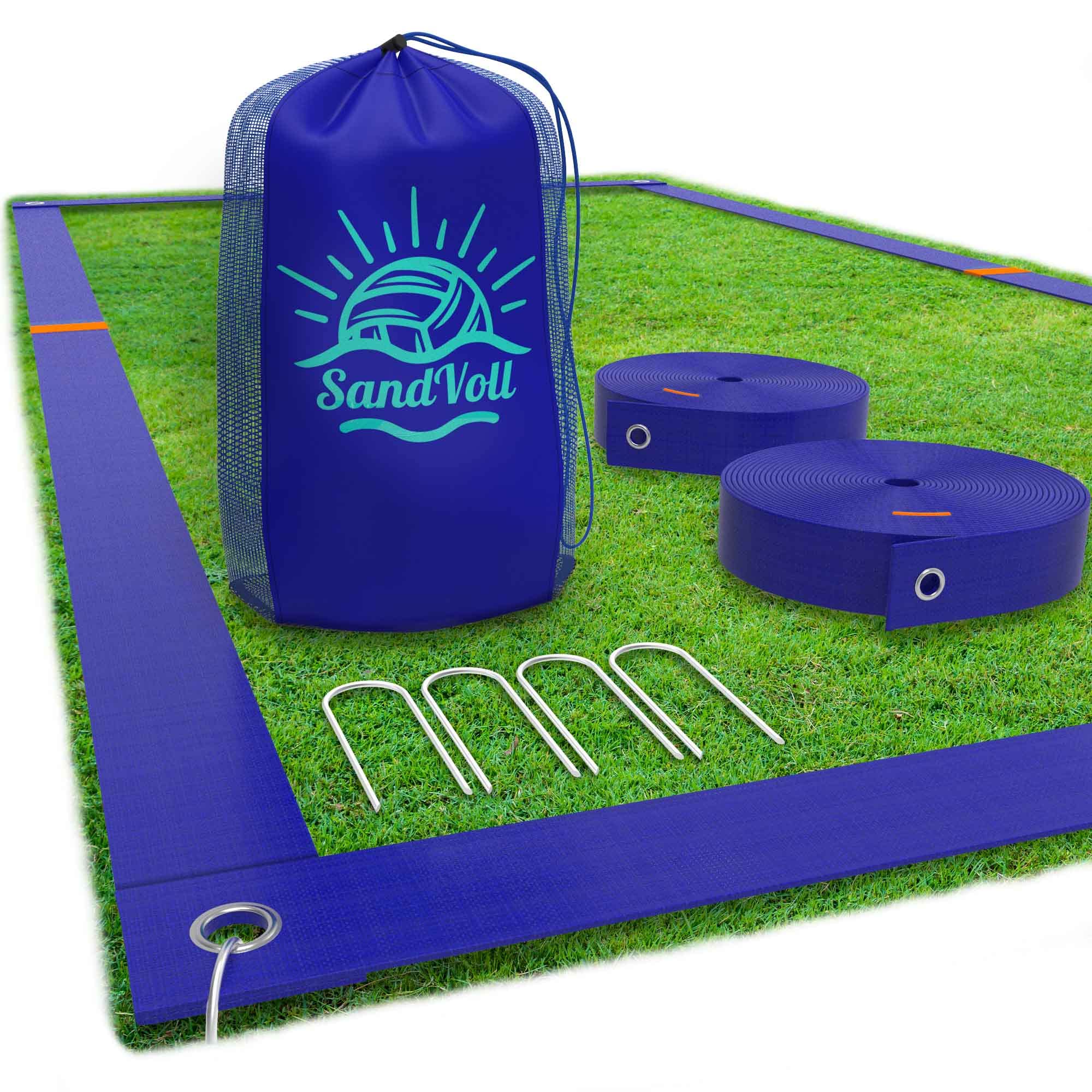 SandVoll Beach Volleyball Lines for Sand - Portable 2 inch Boundary Lines Set for Outdoor + Sand Anchors and Net Bag. Official Court Size Dimensions (26.3' x 52.6')
