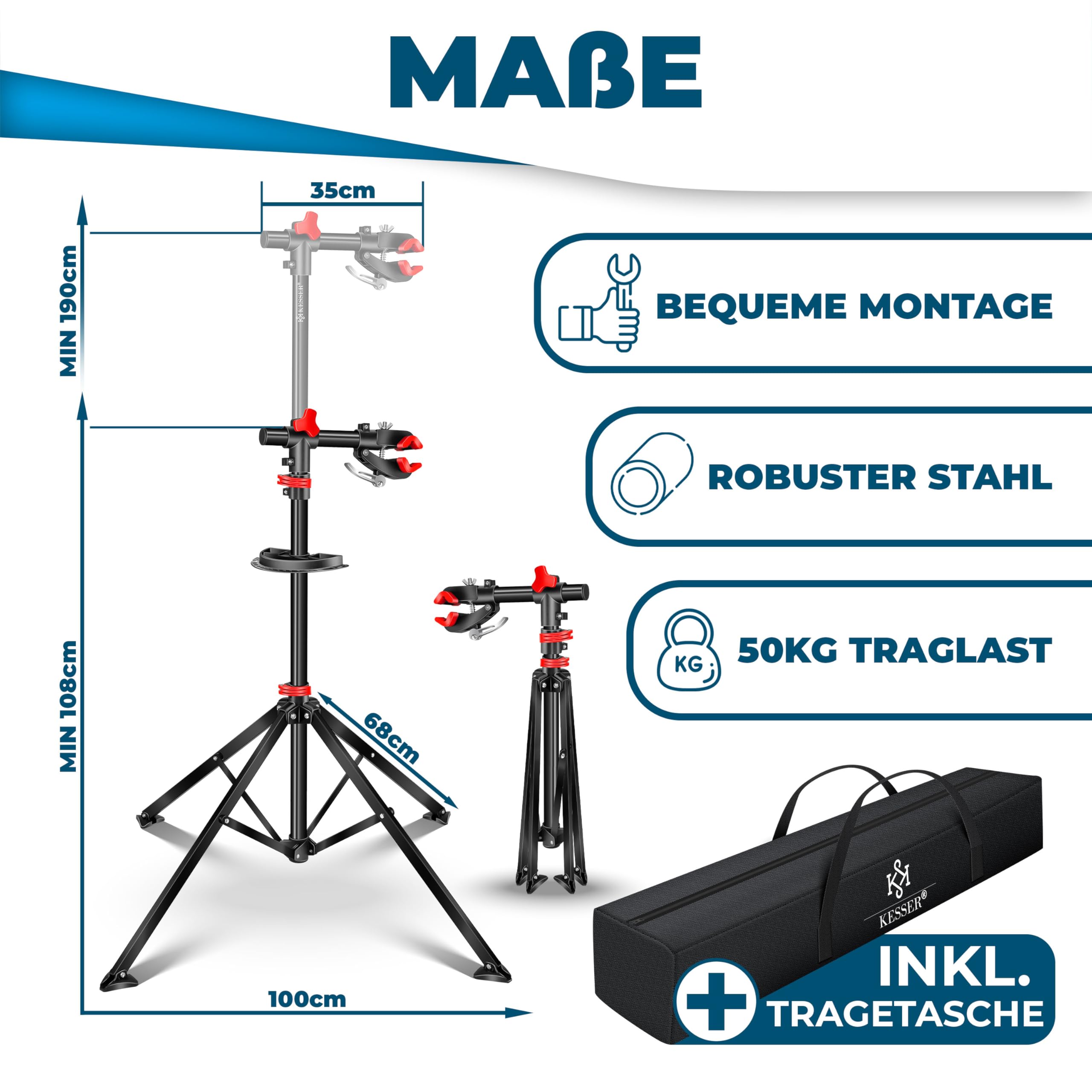 KESSER® Profesjonalny stojak do montażu rowerów, stojak na rower + torba, stojak do naprawy roweru, stojak do naprawy roweru, stojak do montażu w zestawie z miską na narzędzia + przegródka na magnes,