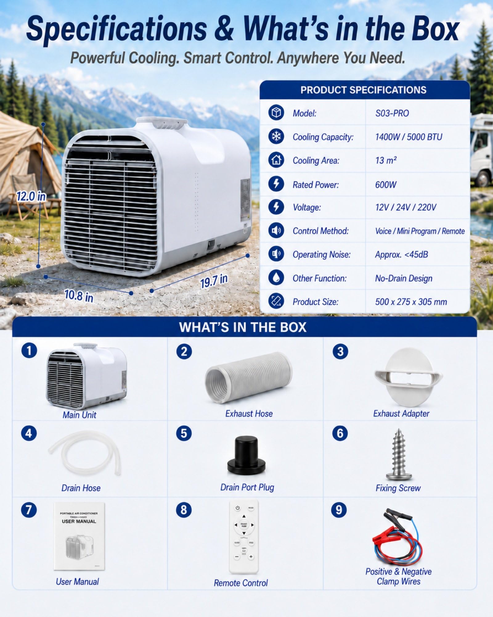 Climatizador con Tubo de Evacuación 1400W/5000BTU | Potencia Nominal 600W, Panel Táctil para Tiendas, Autocaravanas, Caravanas, Oficinas