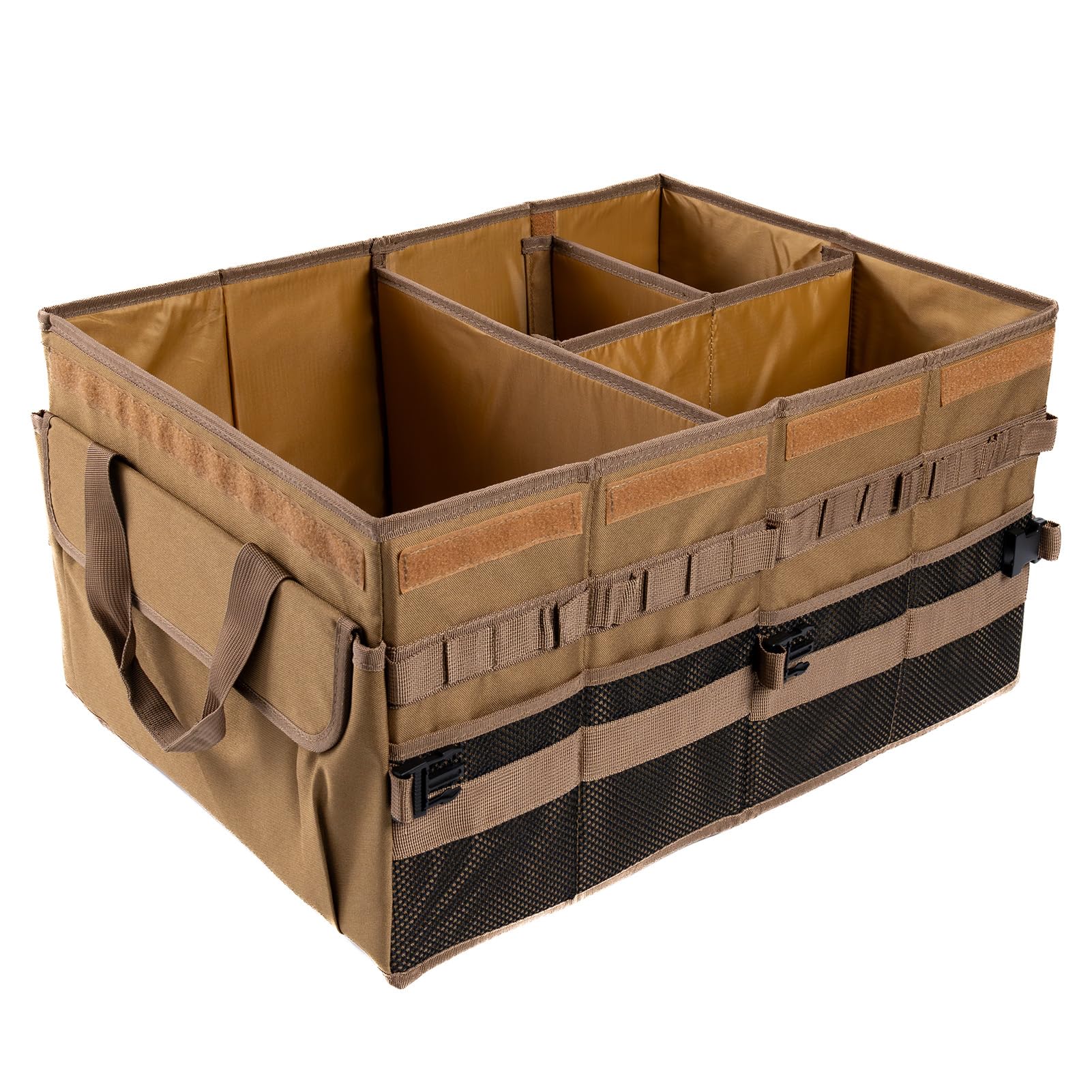 Großer 70 l SUV-Kofferraum-Organizer, Kofferraum-Organizer mit Deckel, faltbare Cargo-Aufbewahrungsbox, braun, 4 Fächer mit Griff, universell für Auto, Limousine, LKW, Camping