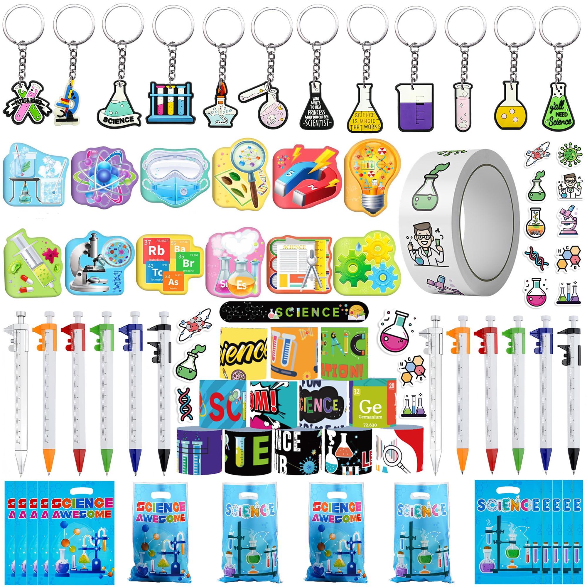 Science Party Gift Set with Mini Notebooks Ballpoint Pen Slap Bracelets Keychains Stickers and Goodie Bag for Science Themed Party Supplies Teacher School Gifts Lab Week Chemistry Class Reward
