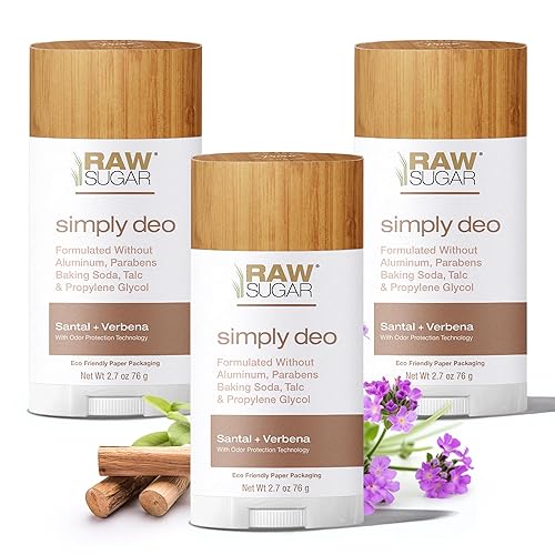 Raw Sugar Simply Deo- Santal + Verbena, desodorante sin aluminio para hombres y mujeres, limpio, fabricado con ingredientes derivados naturalmente,