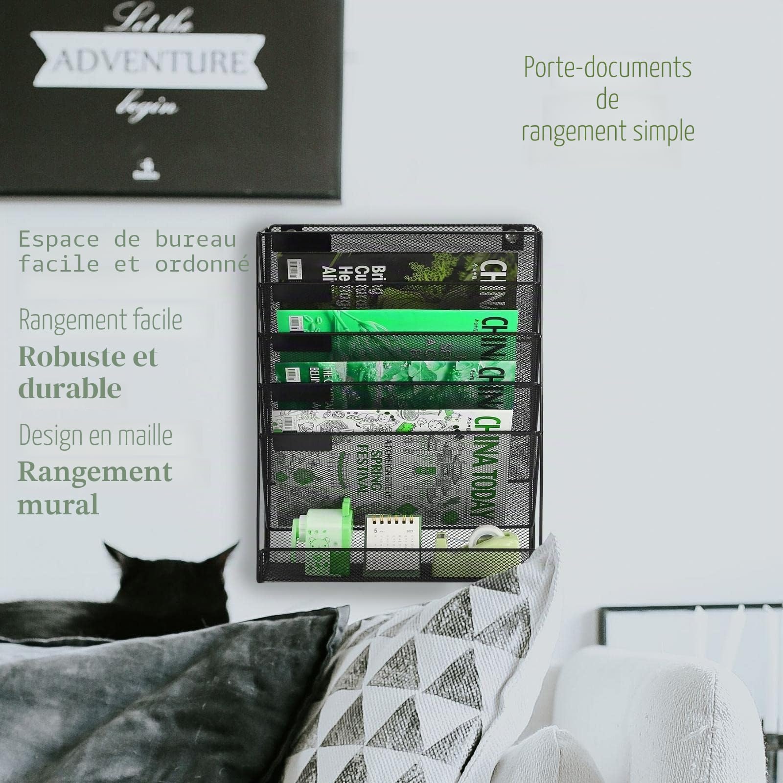 Porte-documents mural à 6 niveaux A4 à suspendre - En maille métallique durable - Noir